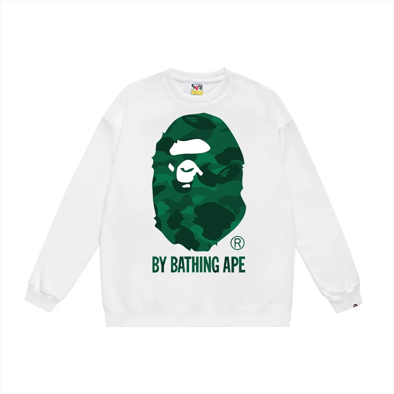 P150 model number SC498# terry 65 plus velvet 80 (top version) BAPE camouflage ape head classic letter pattern printed round neck sweatshirt Made of 350g large terry (drop shoulder large version) fabric, soft and non-pilling, imported environmentally friendly printing glue, bright and three-dimensional pattern, quality 💥Same style for men and women, the upper body is fashionable Color: black white gray Size: S M L XL XXL