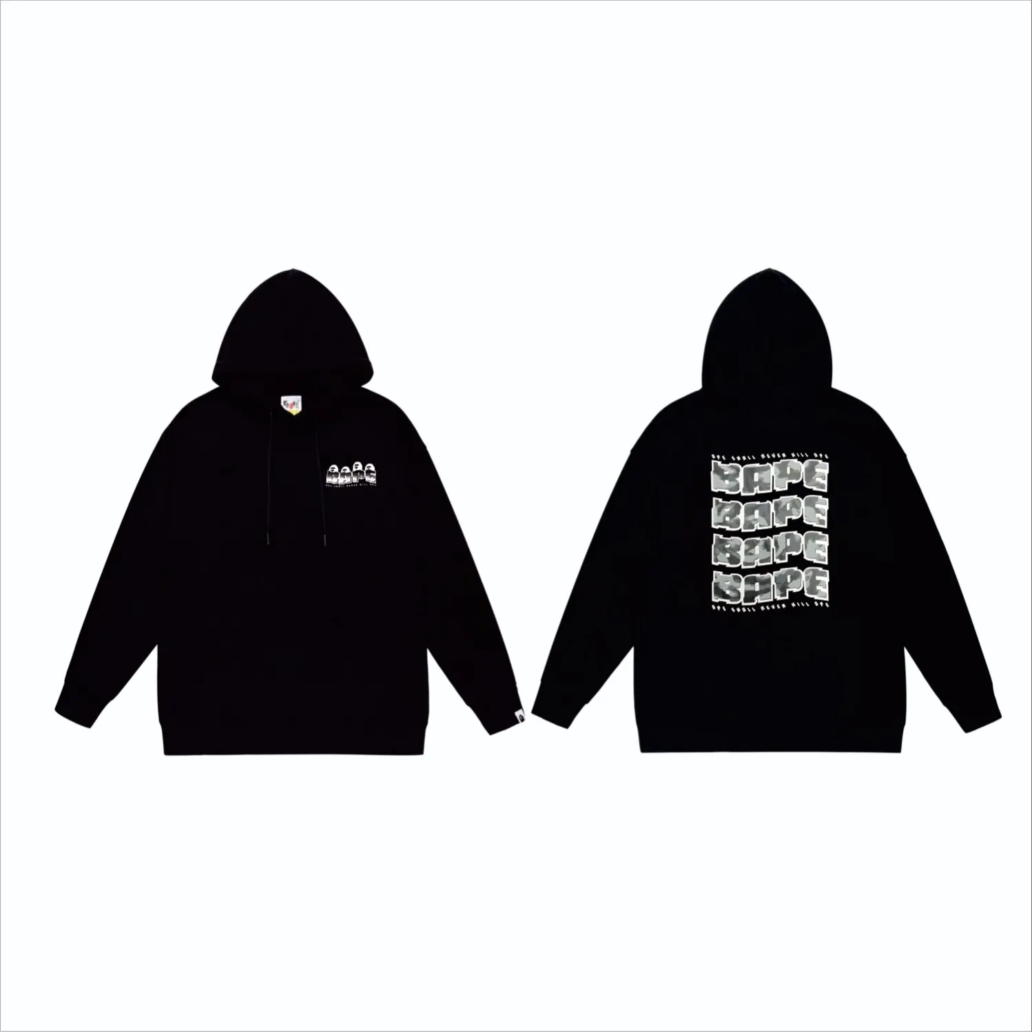 P160 model number SC858# terry 80 plus velvet 90 (top version) BAPE DISTORTION twisted camouflage ape head print hooded sweatshirt Made of 380g large terry (drop shoulder large version) fabric, soft and non-pilling, imported environmentally friendly printing glue, bright and three-dimensional pattern, quality 💥Same style for men and women, the upper body is fashionable Color: black white gray Size: S M L XL XXL