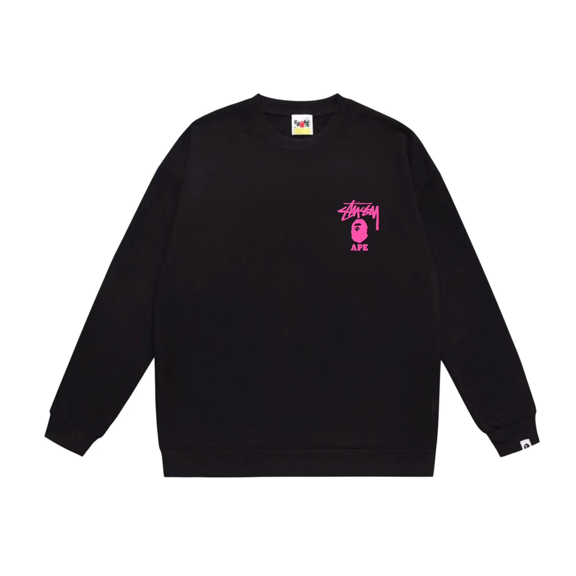 P150 model number SC502# terry 75 plus velvet 80 (top version) BAPE×STUSSY co-branded Stussy letter round neck sweatshirt Made of 350g large terry (large version with dropped shoulders) fabric, soft texture and no pilling Imported environmentally friendly printing glue, bright and three-dimensional pattern, quality 💥Same style for men and women, the upper body is fashionable Color: black pink white pink gray pink black white gray Size: S M L XL XXL