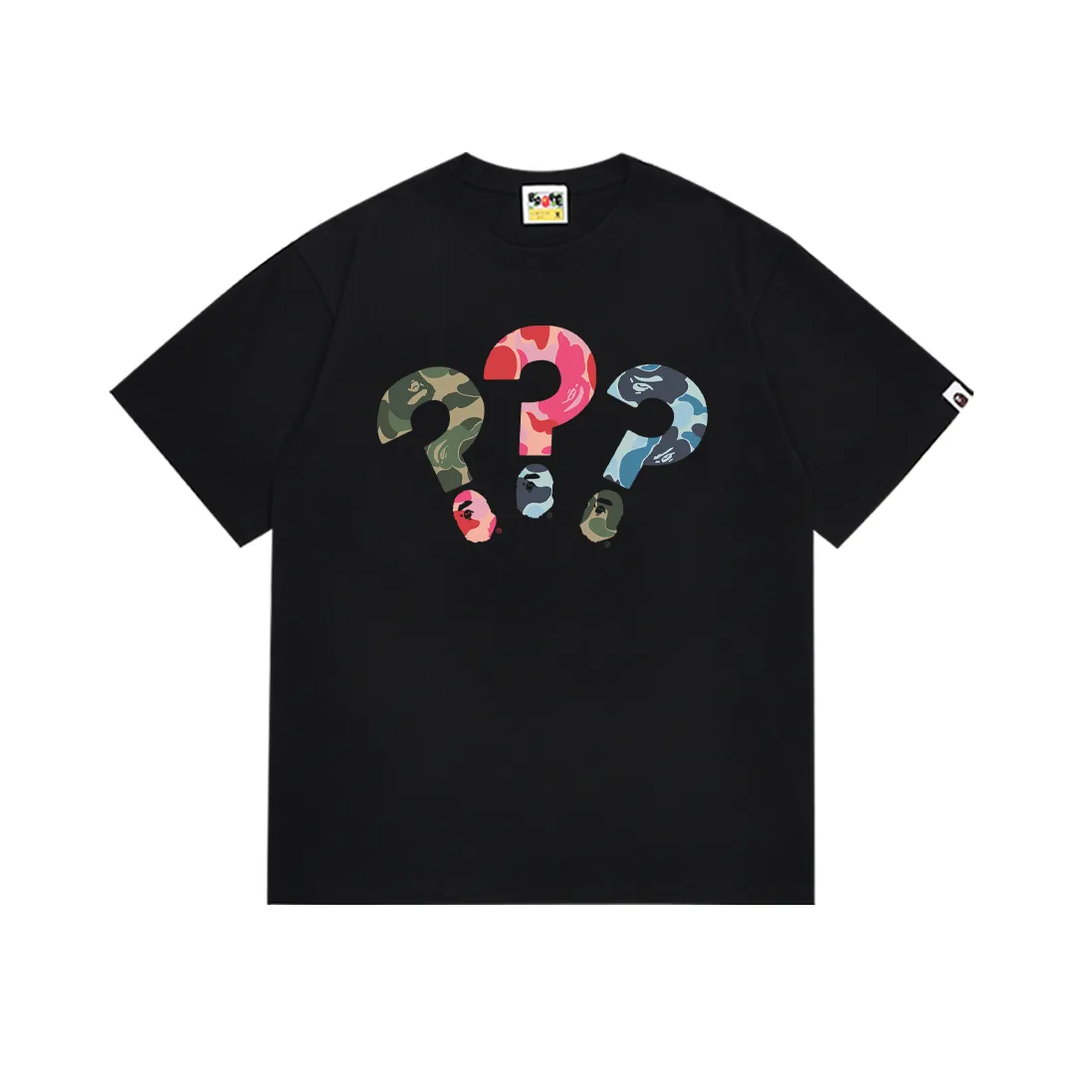 P110 SC064# (top version) BAPE ape-man head classic letter printed short-sleeved T-shirt Camouflage ape-man head question mark ❓❓❓ printing Made of 260 grams of high-quality high-weave pure cotton fabric Double yarn combed soft texture without pilling Imported environmentally friendly printing glue The pattern is bright and three-dimensional Quality 💥Same style for men and women The upper body is trendy Color: black white Size: S M L XL XXL