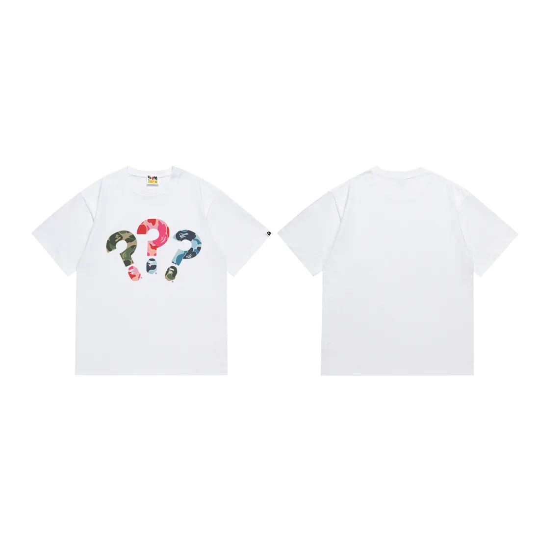 P110 SC064# (top version) BAPE ape-man head classic letter printed short-sleeved T-shirt Camouflage ape-man head question mark ❓❓❓ printing Made of 260 grams of high-quality high-weave pure cotton fabric Double yarn combed soft texture without pilling Imported environmentally friendly printing glue The pattern is bright and three-dimensional Quality 💥Same style for men and women The upper body is trendy Color: black white Size: S M L XL XXL