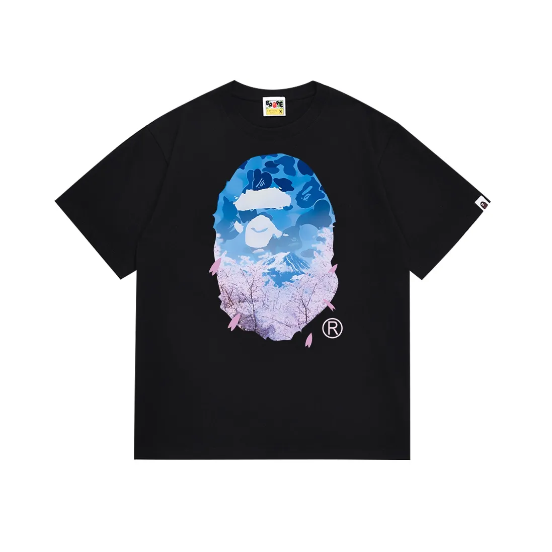 SC099#p110💰 (Top version) BAPE camouflage ape head cherry blossom tree Mount Fuji printed pattern short-sleeved T-shirt Made of 260 grams of high-quality high-weave pure cotton fabric, double yarn combed, soft texture and no pilling Imported environmentally friendly printing glue The pattern is bright and three-dimensional Quality 💥Same style for men and women The upper body is trendy Color: black white Size: S M L XL XXL