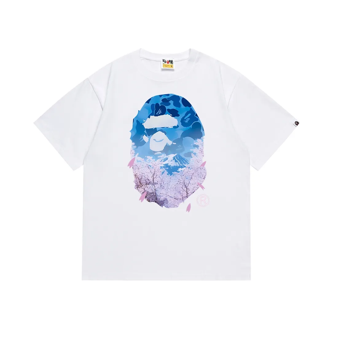 SC099#p110💰 (Top version) BAPE camouflage ape head cherry blossom tree Mount Fuji printed pattern short-sleeved T-shirt Made of 260 grams of high-quality high-weave pure cotton fabric, double yarn combed, soft texture and no pilling Imported environmentally friendly printing glue The pattern is bright and three-dimensional Quality 💥Same style for men and women The upper body is trendy Color: black white Size: S M L XL XXL