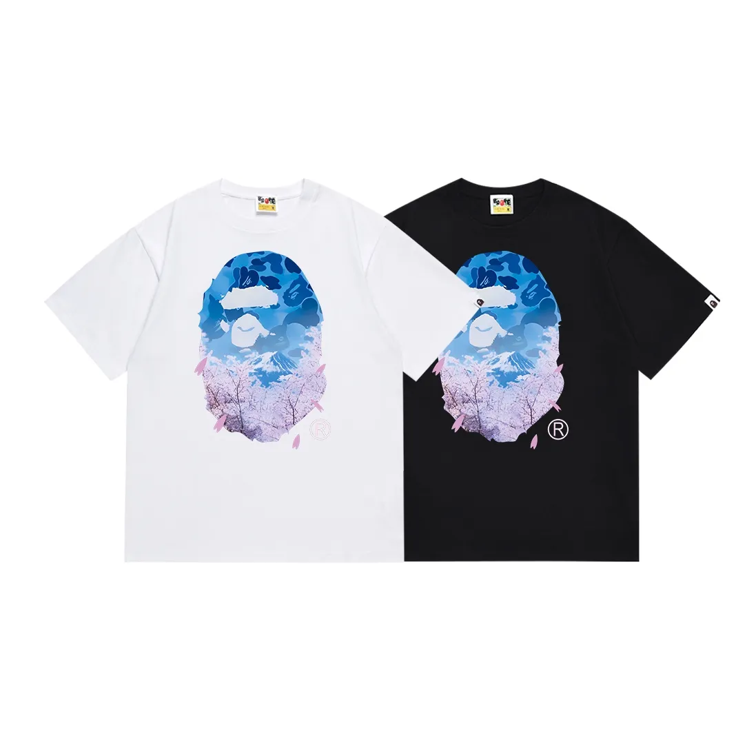 SC099#p110💰 (Top version) BAPE camouflage ape head cherry blossom tree Mount Fuji printed pattern short-sleeved T-shirt Made of 260 grams of high-quality high-weave pure cotton fabric, double yarn combed, soft texture and no pilling Imported environmentally friendly printing glue The pattern is bright and three-dimensional Quality 💥Same style for men and women The upper body is trendy Color: black white Size: S M L XL XXL