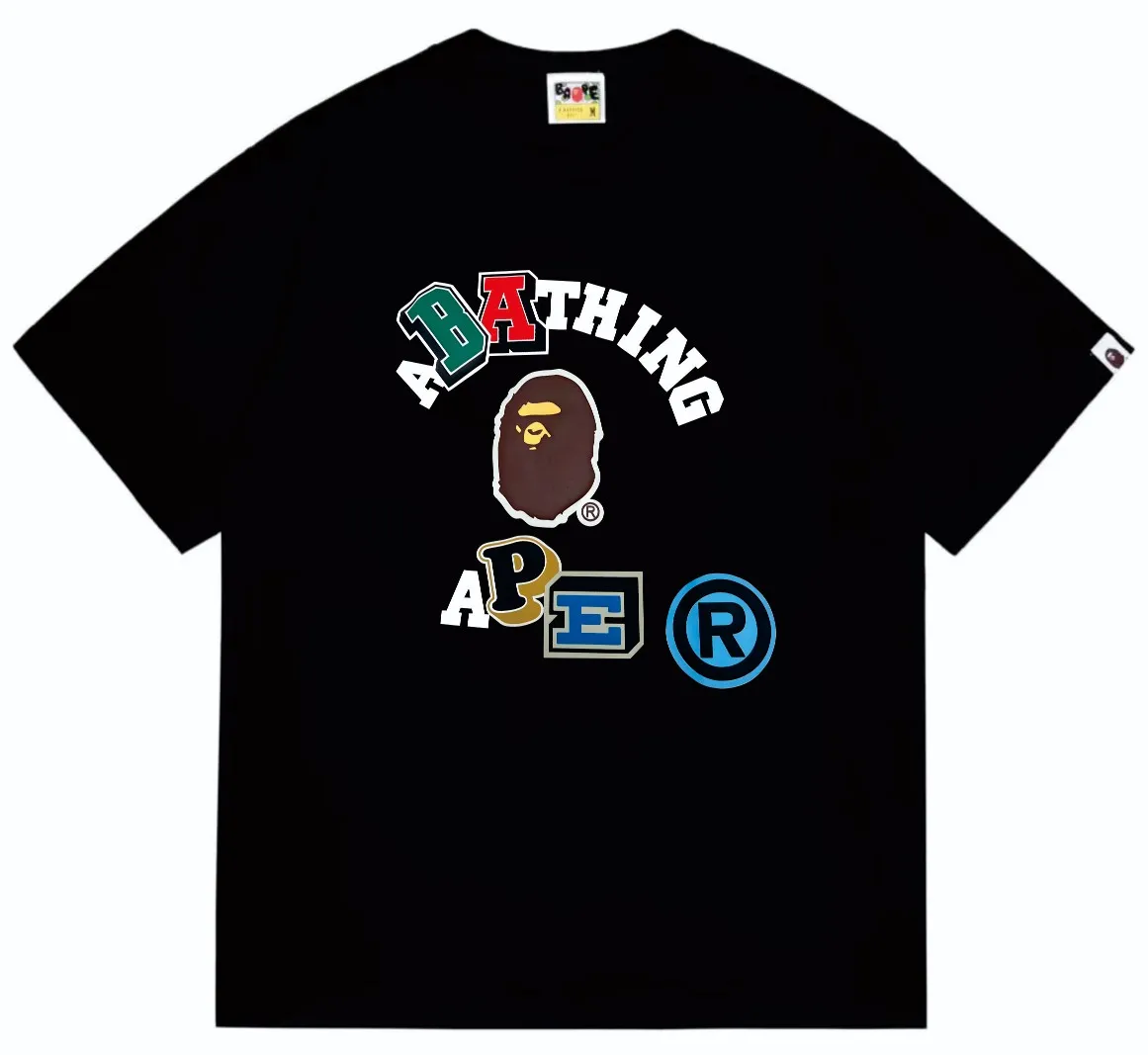SC244#p110💰 (top version) BAPE colorful letters ape head printed short-sleeved T-shirt Made of 260 grams of high-quality high-weave pure cotton fabric, double yarn combed, soft texture and no pilling Imported environmentally friendly printing glue, bright and three-dimensional pattern, quality 💥Same style for men and women, the upper body is fashionable Color: black white Size: S M L XL XXL