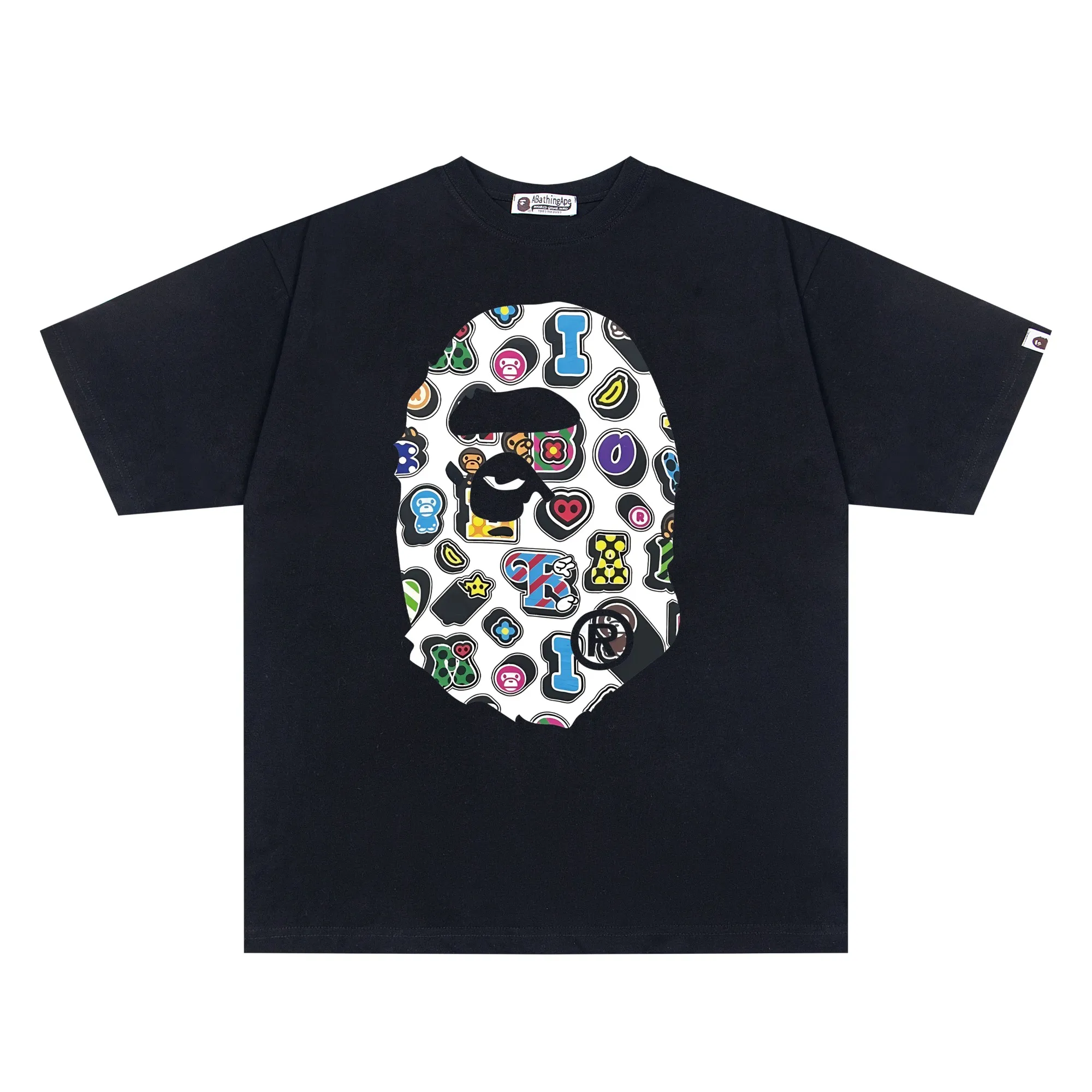 P110 001134 bape printed short-sleeved T-shirt, same style for men and women, size smlxlxxl, black and white