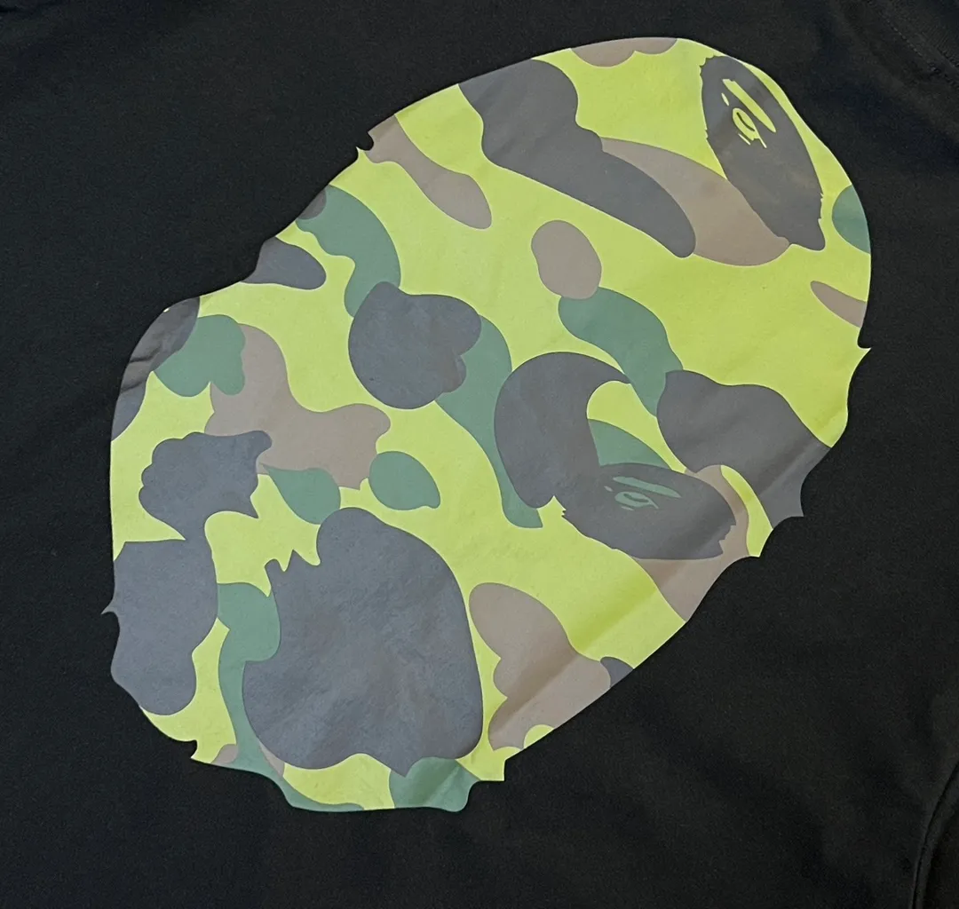 💰140 BAPE double-sided camouflage ape head print classic camouflage reproduction ZP version 270g weight linen cotton fabric Couple style: S-XXL [white green black green white yellow black yellow]