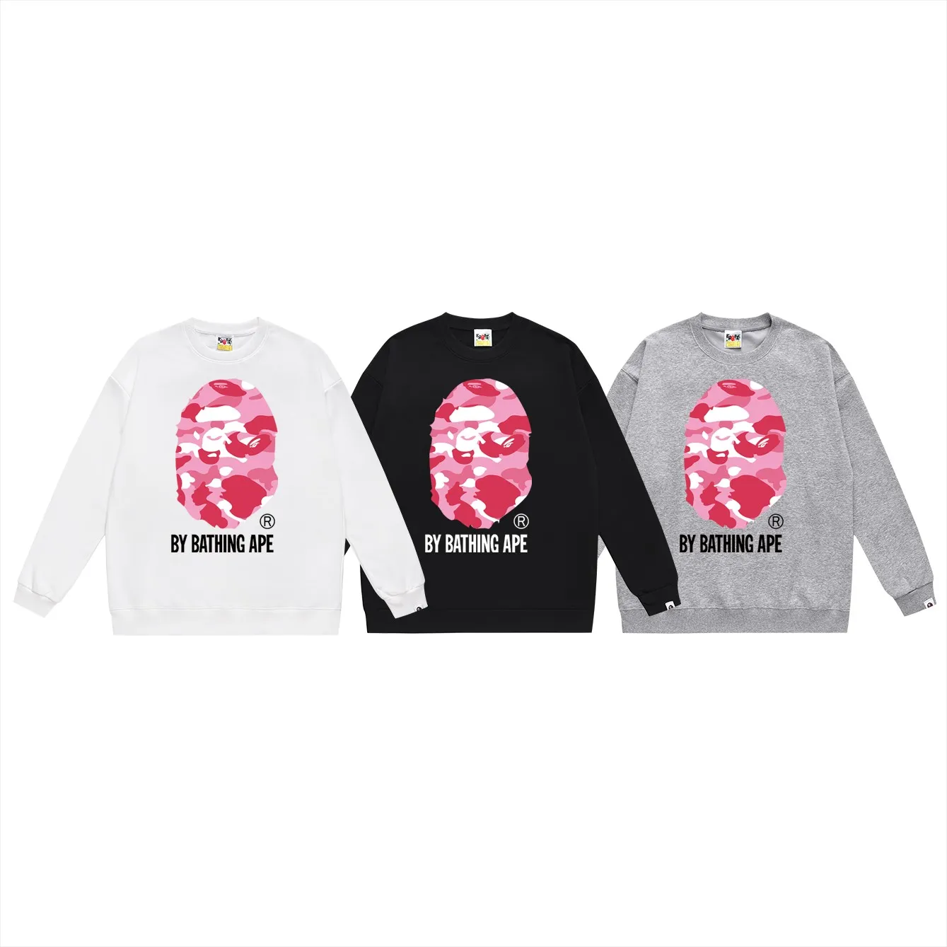 P150 model number SC455# terry 75 plus velvet 80 (top version) BAPE multi-color ape head pattern printed round neck sweatshirt. Made of 350g large terry (drop shoulder large version) fabric, soft texture and no pilling. Imported environmentally friendly printing glue. Bright and three-dimensional pattern. Quality 💥Same style for men and women. The upper body is trendy. Color: black pink, white pink, gray pink, black green, white green, gray green, black red, white red, gray red. Black and blue White and blue Gray and blue Black and purple White and purple Gray and purple Size: S M L XL XXL