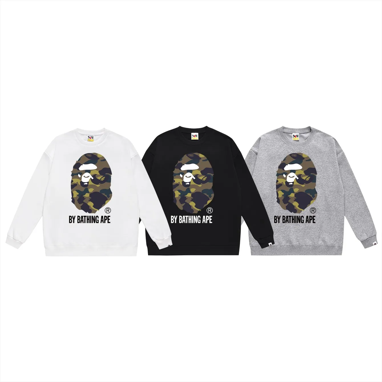 P150 model number SC455# terry 75 plus velvet 80 (top version) BAPE multi-color ape head pattern printed round neck sweatshirt. Made of 350g large terry (drop shoulder large version) fabric, soft texture and no pilling. Imported environmentally friendly printing glue. Bright and three-dimensional pattern. Quality 💥Same style for men and women. The upper body is trendy. Color: black pink, white pink, gray pink, black green, white green, gray green, black red, white red, gray red. Black and blue White and blue Gray and blue Black and purple White and purple Gray and purple Size: S M L XL XXL