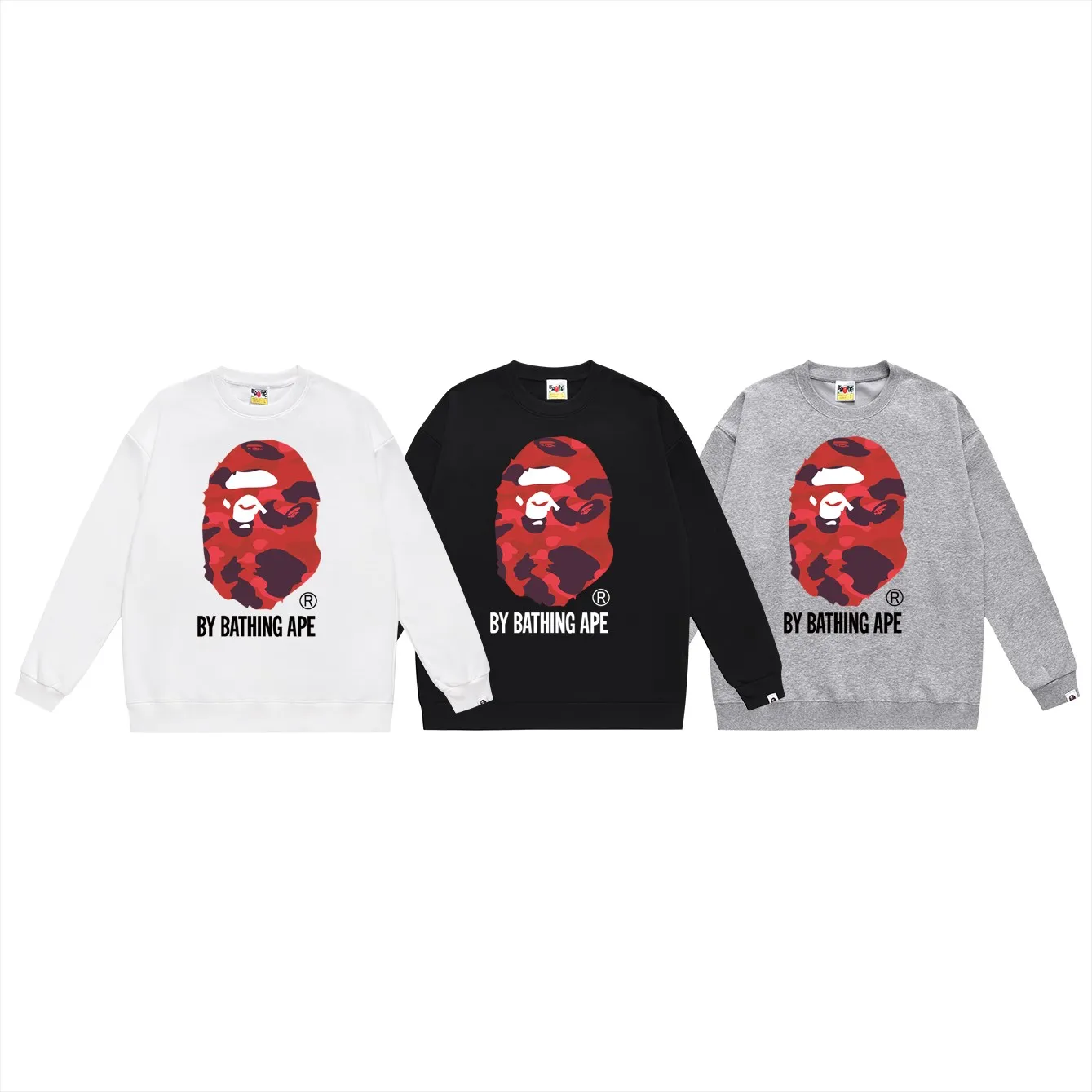 P150 model number SC455# terry 75 plus velvet 80 (top version) BAPE multi-color ape head pattern printed round neck sweatshirt. Made of 350g large terry (drop shoulder large version) fabric, soft texture and no pilling. Imported environmentally friendly printing glue. Bright and three-dimensional pattern. Quality 💥Same style for men and women. The upper body is trendy. Color: black pink, white pink, gray pink, black green, white green, gray green, black red, white red, gray red. Black and blue White and blue Gray and blue Black and purple White and purple Gray and purple Size: S M L XL XXL