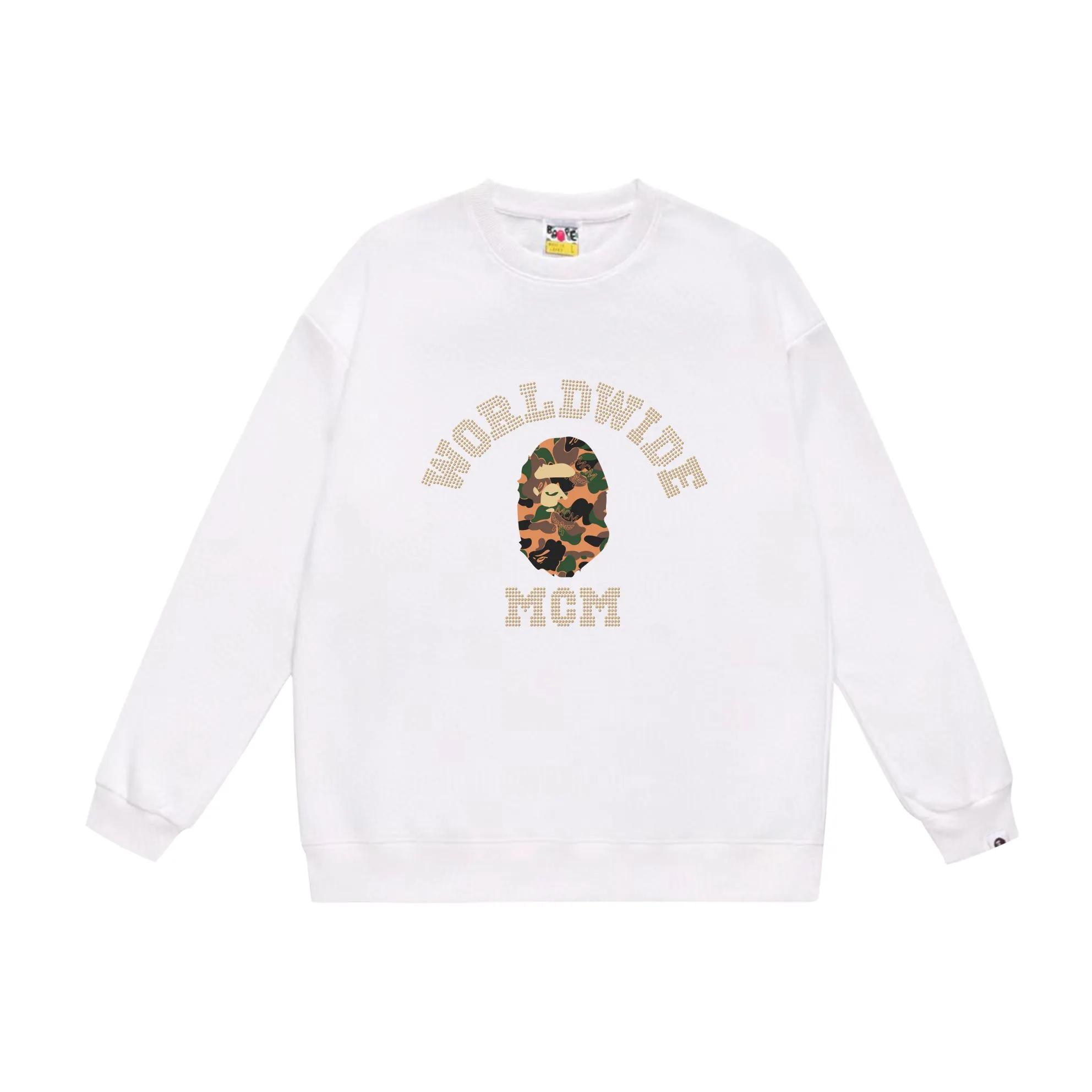 P150 model number SC540# terry 75 plus velvet 80 (top version) BAPE×MCM Rhinestone collegea joint series ape-head letter print pattern round neck sweatshirt. Made of 350 grams of large terry (drop shoulder large version) fabric. The texture is soft and non-pilling. Imported environmentally friendly printing glue has a bright and three-dimensional pattern. Quality💥Same style for men and women. The upper body is trendy. Color: black white gray Size: S M L XL XXL