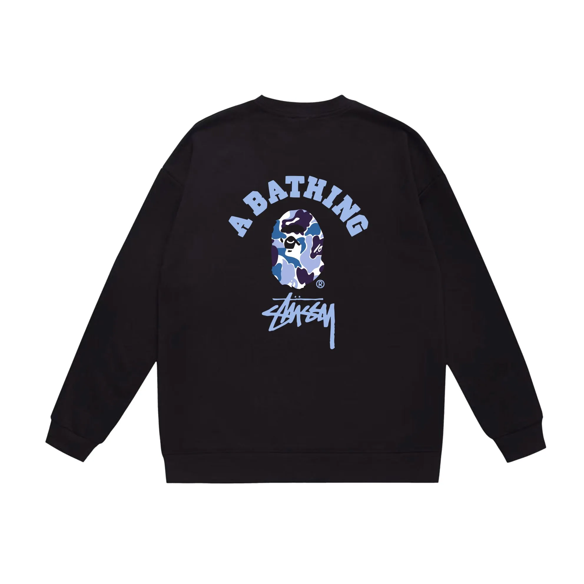 P150 model number SC513# terry 75 plus velvet 80 (top version) BAPE×STUSSY co-branded Stussy letter round neck sweatshirt Made of 350 grams of large terry (drop shoulder large version) fabric, soft texture and no pilling Imported environmentally friendly printing glue The pattern is bright and three-dimensional Quality 💥Same style for men and women The upper body is fashionable Color: black white gray Size: S M L XL XXL