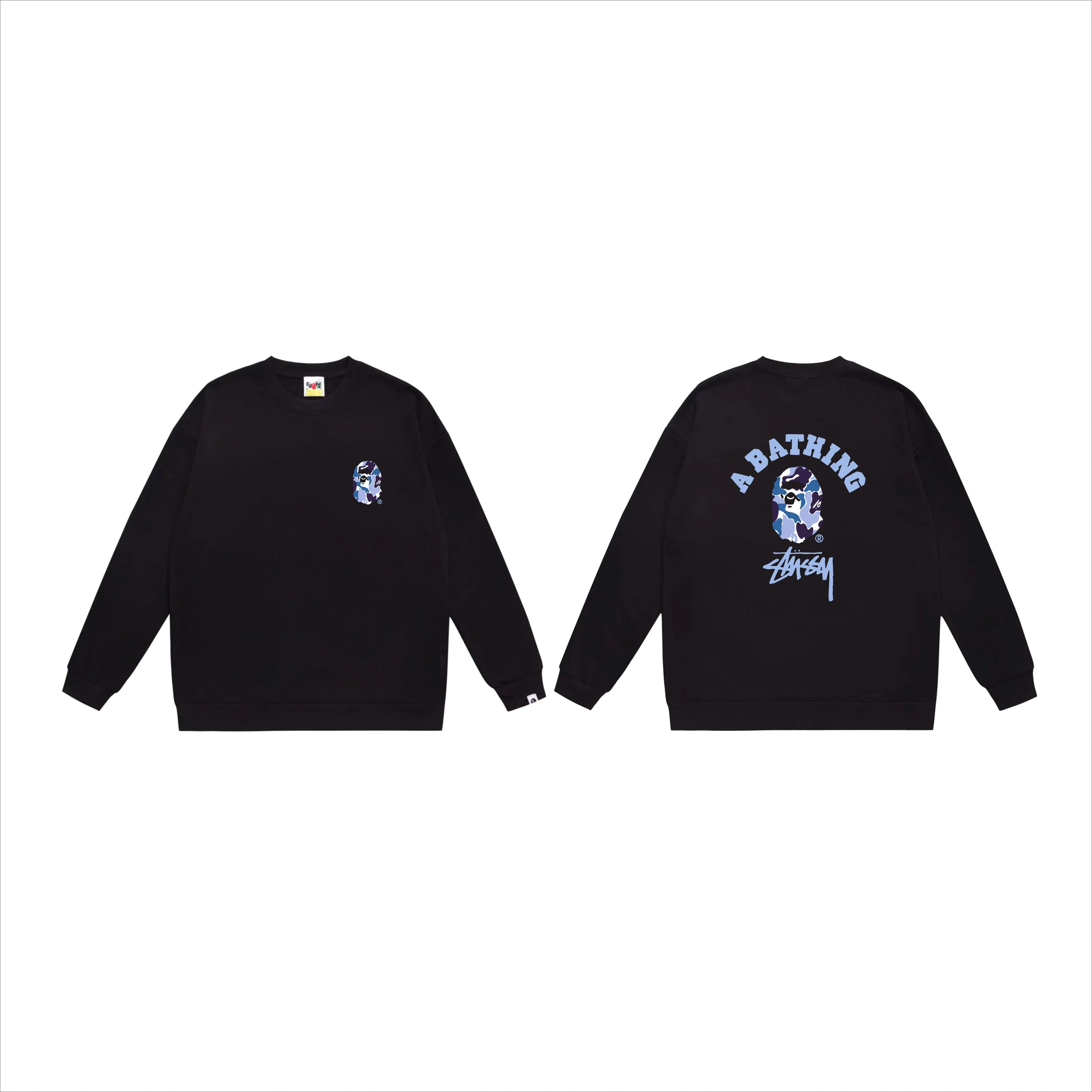 P150 model number SC513# terry 75 plus velvet 80 (top version) BAPE×STUSSY co-branded Stussy letter round neck sweatshirt Made of 350 grams of large terry (drop shoulder large version) fabric, soft texture and no pilling Imported environmentally friendly printing glue The pattern is bright and three-dimensional Quality 💥Same style for men and women The upper body is fashionable Color: black white gray Size: S M L XL XXL