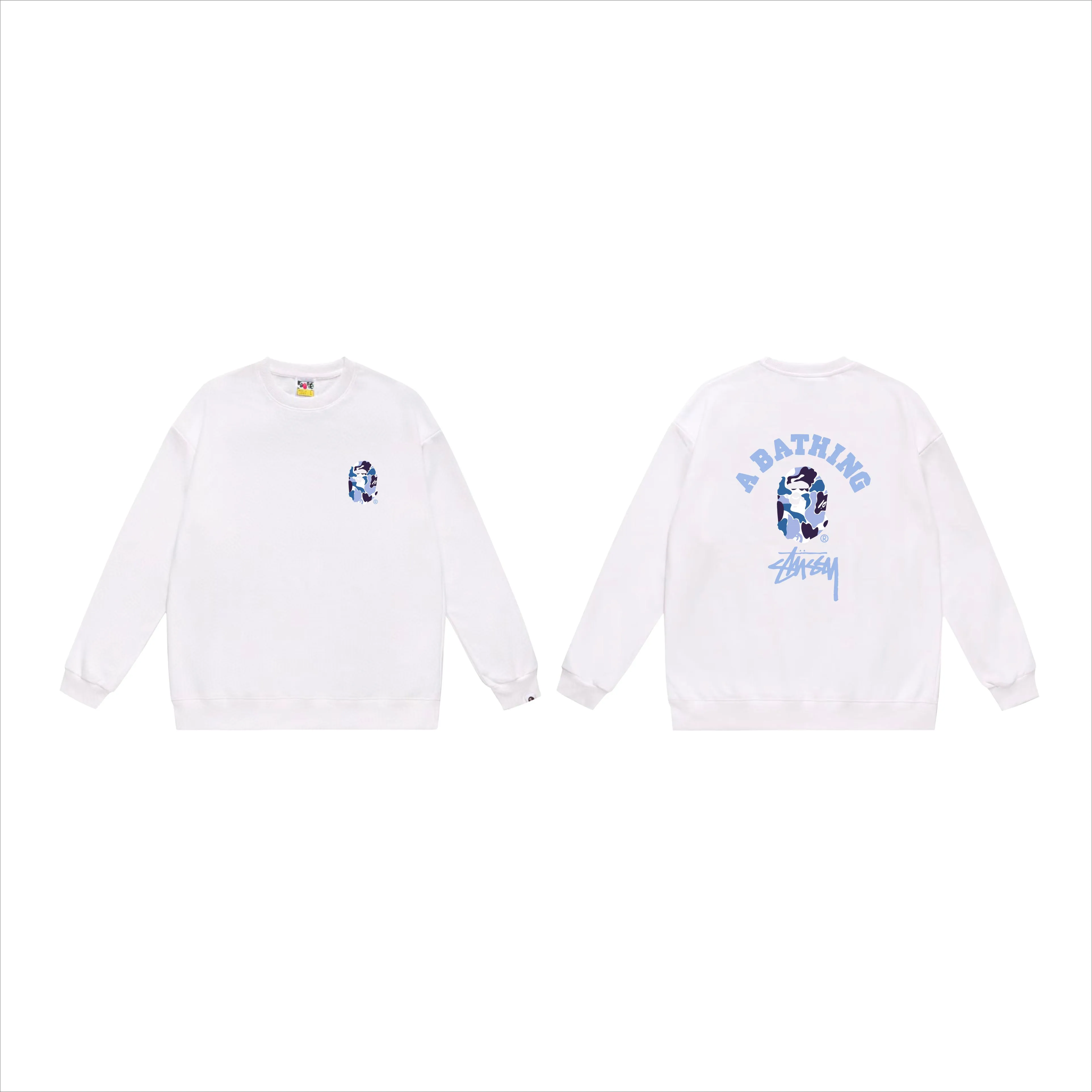 P150 model number SC513# terry 75 plus velvet 80 (top version) BAPE×STUSSY co-branded Stussy letter round neck sweatshirt Made of 350 grams of large terry (drop shoulder large version) fabric, soft texture and no pilling Imported environmentally friendly printing glue The pattern is bright and three-dimensional Quality 💥Same style for men and women The upper body is fashionable Color: black white gray Size: S M L XL XXL