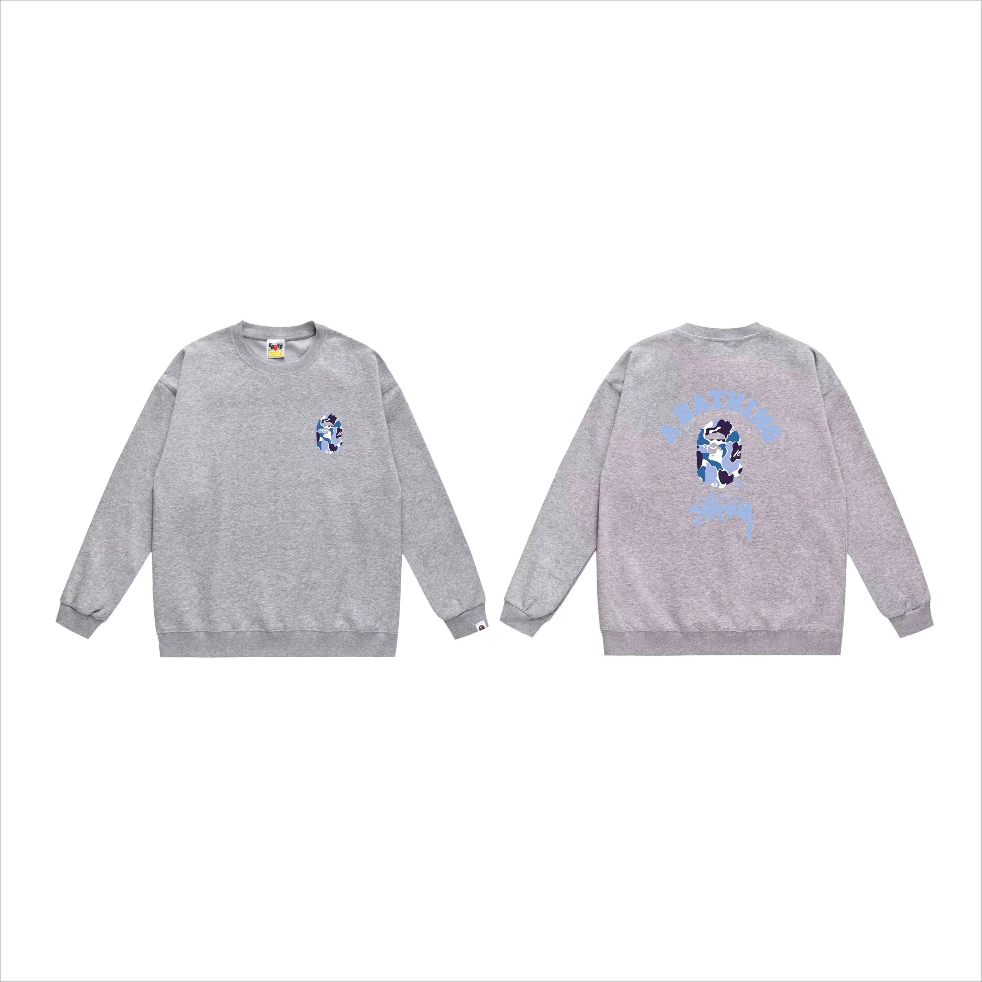 P150 model number SC513# terry 75 plus velvet 80 (top version) BAPE×STUSSY co-branded Stussy letter round neck sweatshirt Made of 350 grams of large terry (drop shoulder large version) fabric, soft texture and no pilling Imported environmentally friendly printing glue The pattern is bright and three-dimensional Quality 💥Same style for men and women The upper body is fashionable Color: black white gray Size: S M L XL XXL