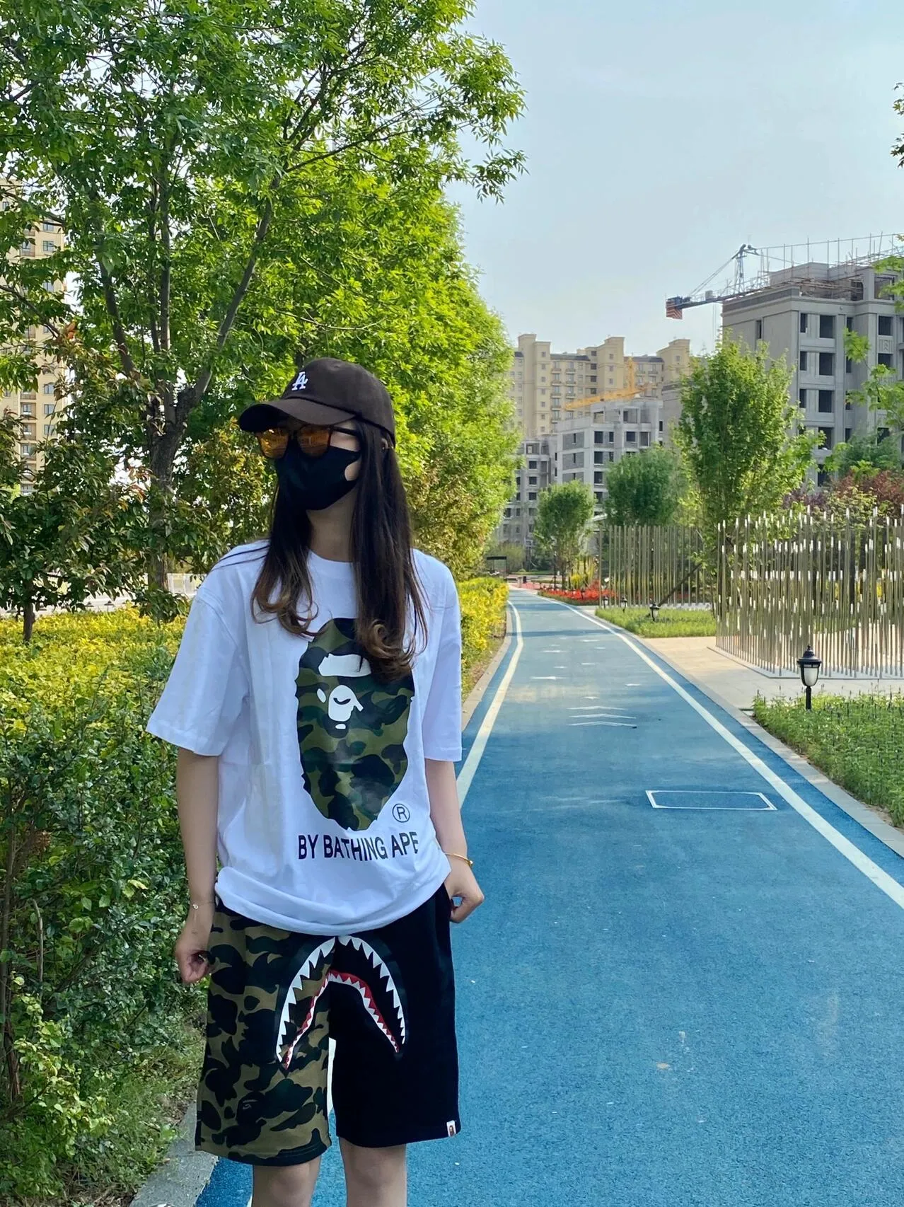 💰140 BAPE classic great ape print camouflage work ZP version 280g weight linen cotton fabric Couple style: S-XXL [black green white green black yellow white yellow]