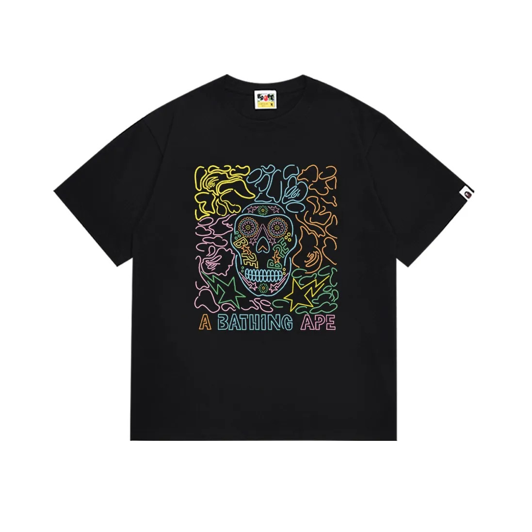 P110 SC021# (top version) BAPE ape head letter printed short-sleeved T-shirt Japanese trendy brand for men. Made of 260 grams of high-quality high-weave pure cotton fabric. Double yarn combed. The texture is soft and non-pilling. Imported environmentally friendly printing glue. The pattern is bright and three-dimensional. Quality 💥Same style for men and women. The upper body is trendy. Color: black and white. Size: S M L XL XXL