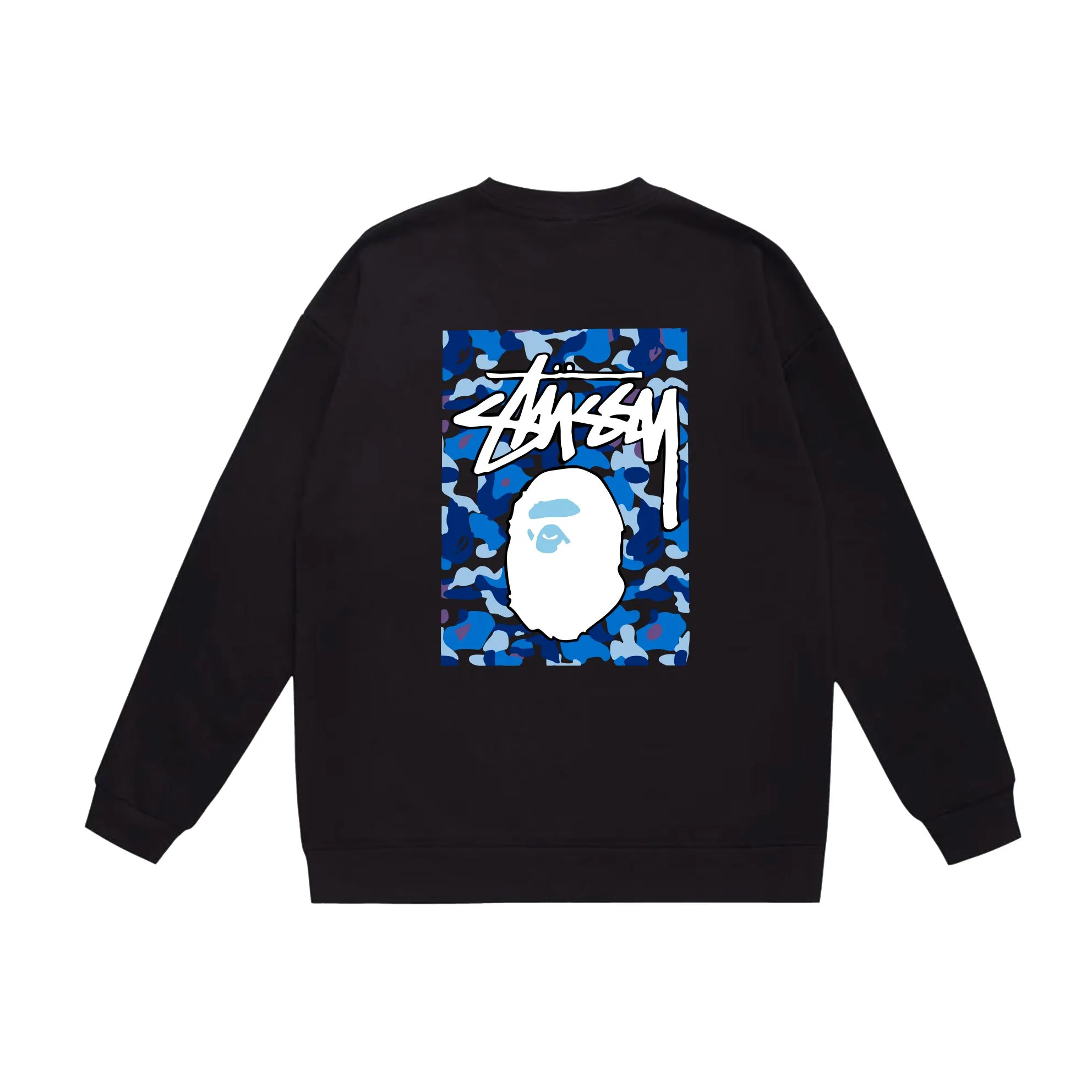 P150 model number SC503# terry 75 plus velvet 80 (top version) BAPE×STUSSY co-branded Stussy letter round neck sweatshirt Made of 350g large terry (drop shoulder large version) fabric, soft and non-pilling, imported environmentally friendly printing glue, bright and three-dimensional pattern, quality 💥Same style for men and women, the upper body is trendy Color: black, blue and white, white, blue and white, gray, blue and white, black, blue and black, white, blue and black, gray, blue and black Size: S M L XL XXL