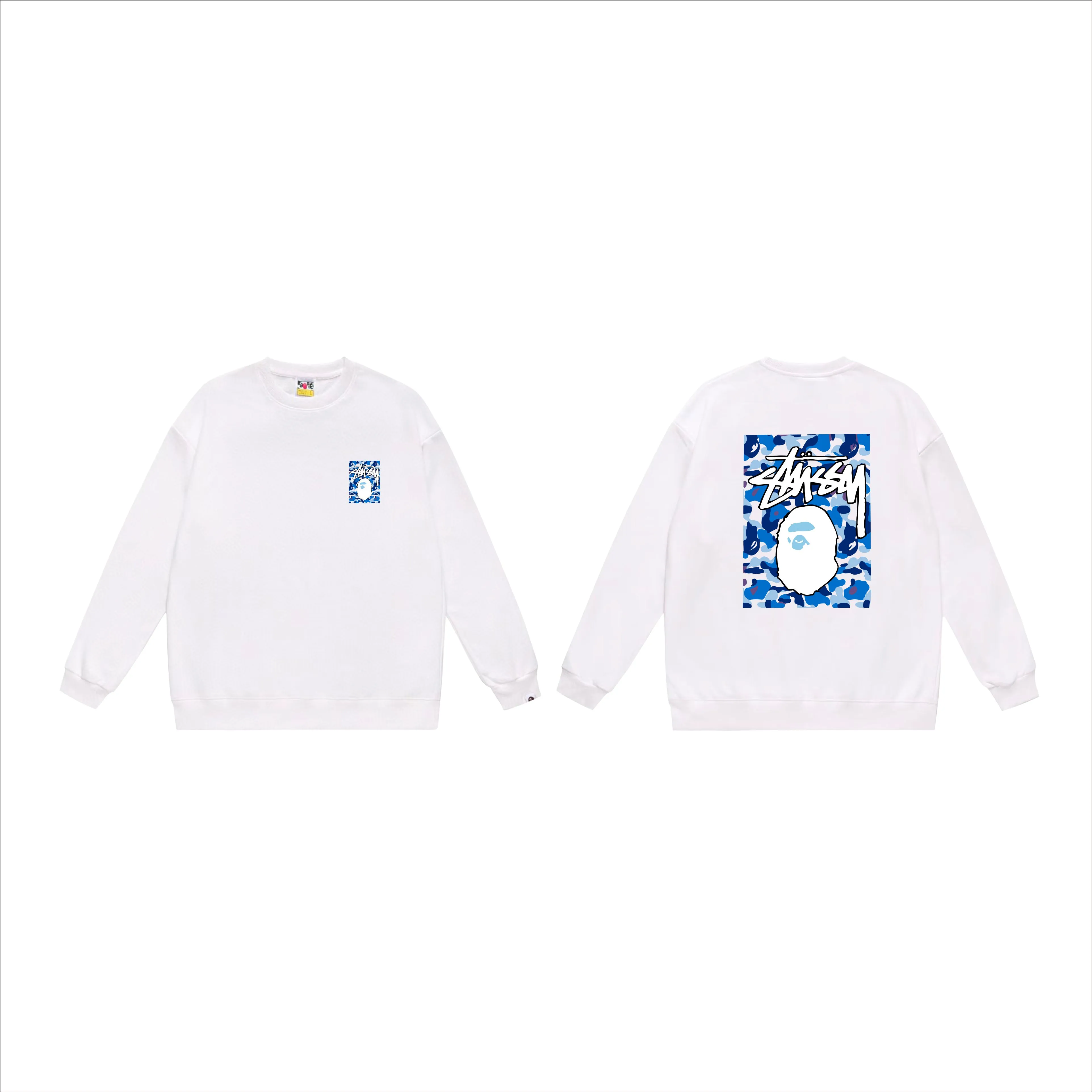 P150 model number SC503# terry 75 plus velvet 80 (top version) BAPE×STUSSY co-branded Stussy letter round neck sweatshirt Made of 350g large terry (drop shoulder large version) fabric, soft and non-pilling, imported environmentally friendly printing glue, bright and three-dimensional pattern, quality 💥Same style for men and women, the upper body is trendy Color: black, blue and white, white, blue and white, gray, blue and white, black, blue and black, white, blue and black, gray, blue and black Size: S M L XL XXL