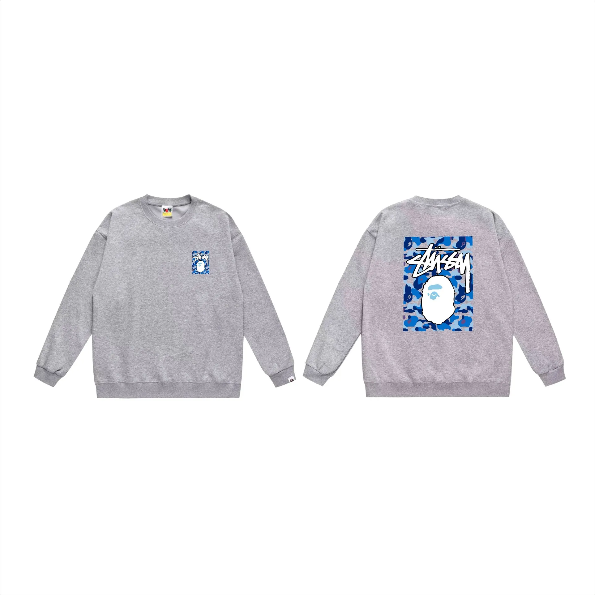 P150 model number SC503# terry 75 plus velvet 80 (top version) BAPE×STUSSY co-branded Stussy letter round neck sweatshirt Made of 350g large terry (drop shoulder large version) fabric, soft and non-pilling, imported environmentally friendly printing glue, bright and three-dimensional pattern, quality 💥Same style for men and women, the upper body is trendy Color: black, blue and white, white, blue and white, gray, blue and white, black, blue and black, white, blue and black, gray, blue and black Size: S M L XL XXL