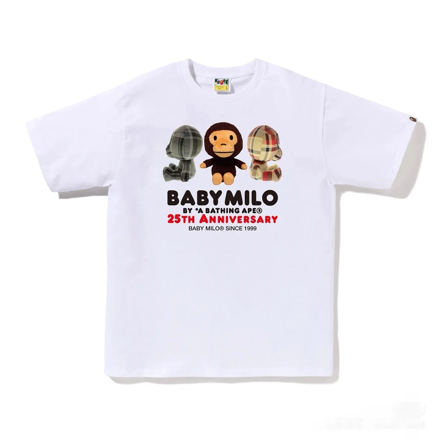 P110 001101 BAPE FW24 BABY MILO 25th Anniversary Series Sanrio co-branded cartoon monkey print pattern round neck short-sleeved T-shirt, same style for men and women, size smlxlxxl, black and white