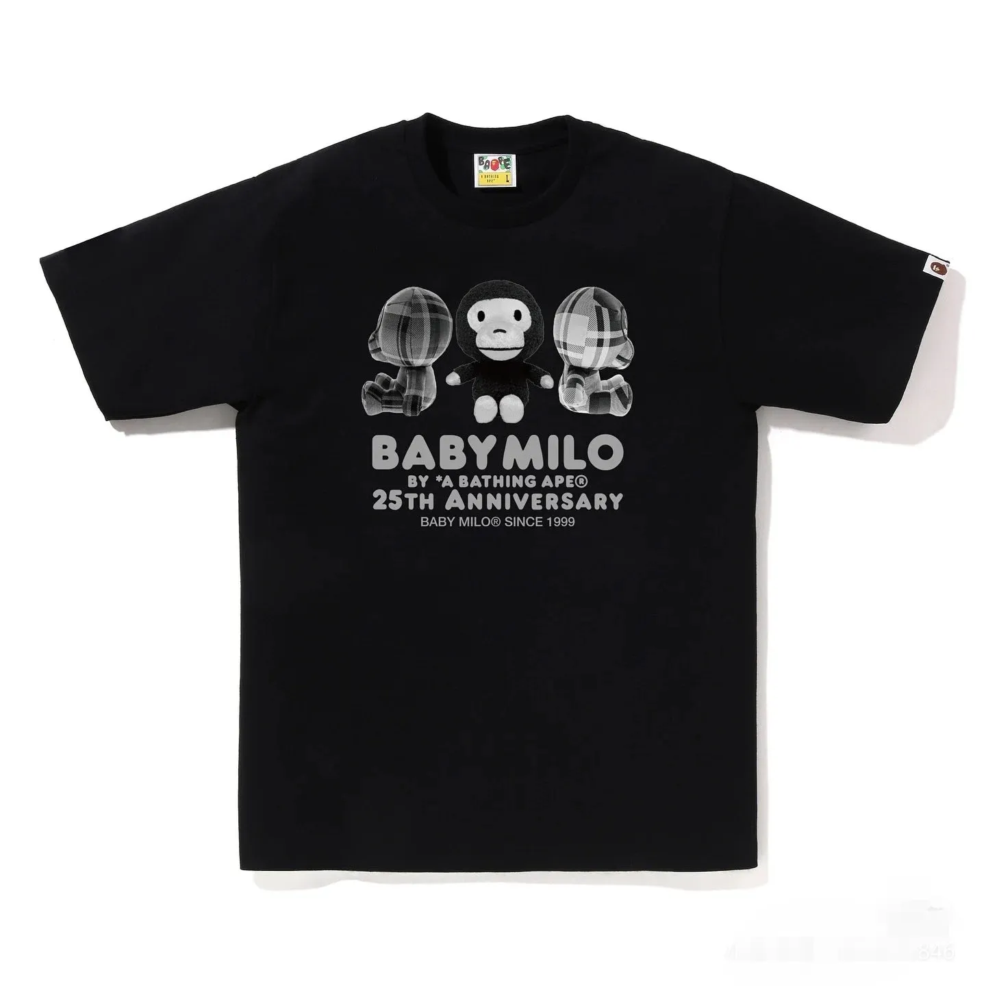 P110 001101 BAPE FW24 BABY MILO 25th Anniversary Series Sanrio co-branded cartoon monkey print pattern round neck short-sleeved T-shirt, same style for men and women, size smlxlxxl, black and white