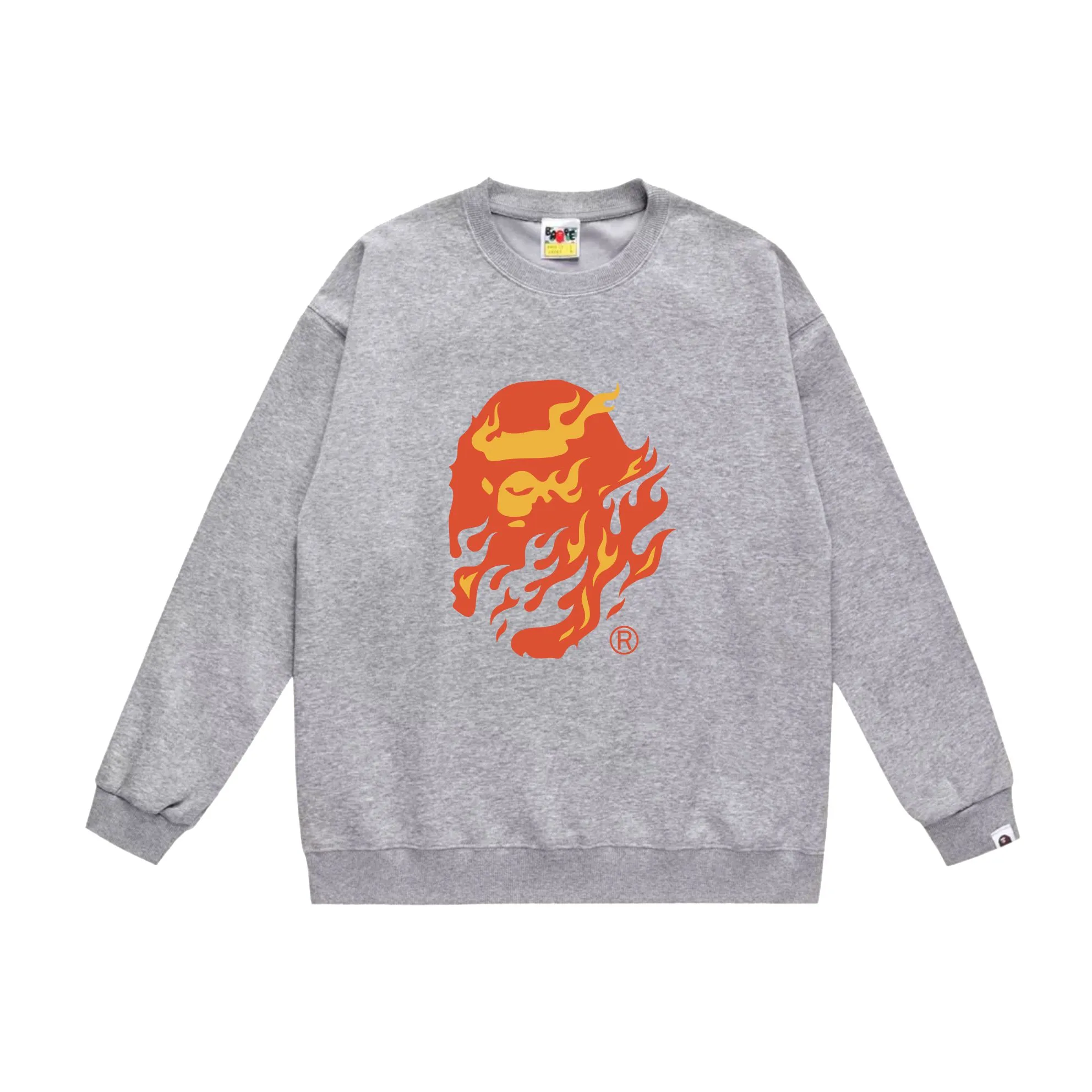 P150 model number SC528# terry 75 plus velvet 80 (top version) BAPE SS24 flame ape head print pattern round neck sweatshirt Made of 350g large terry (drop shoulder large version) fabric, soft and non-pilling, imported environmentally friendly printing glue, bright and three-dimensional pattern, quality 💥Same style for men and women, the upper body is fashionable Color: black white gray Size: S M L XL XXL