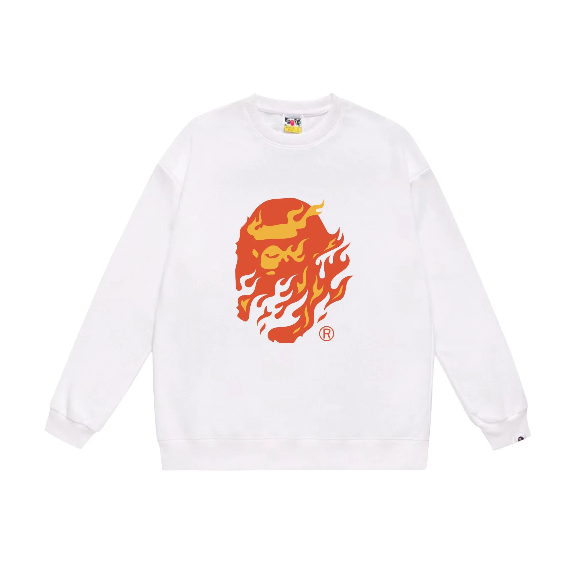 P150 model number SC528# terry 75 plus velvet 80 (top version) BAPE SS24 flame ape head print pattern round neck sweatshirt Made of 350g large terry (drop shoulder large version) fabric, soft and non-pilling, imported environmentally friendly printing glue, bright and three-dimensional pattern, quality 💥Same style for men and women, the upper body is fashionable Color: black white gray Size: S M L XL XXL