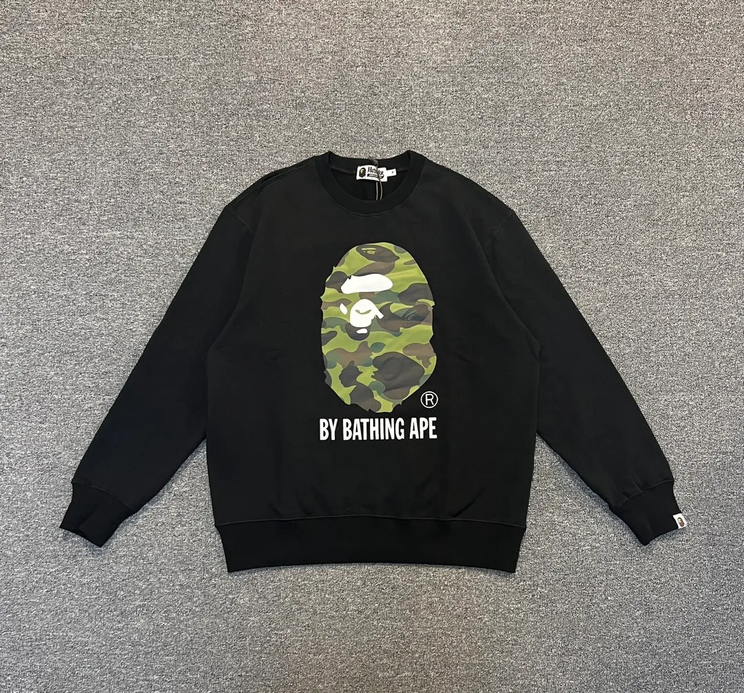💰250 BAPE camouflage ape head letter print round neck sweatshirt Customized fabric high quality 420g pure cotton weight Couple model: S-XXL [black gray]