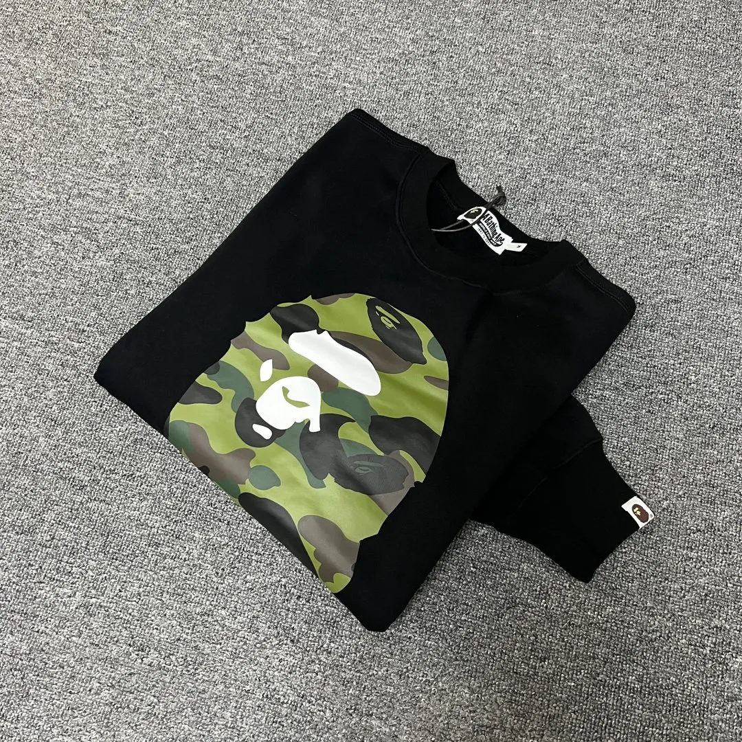 💰250 BAPE camouflage ape head letter print round neck sweatshirt Customized fabric high quality 420g pure cotton weight Couple model: S-XXL [black gray]