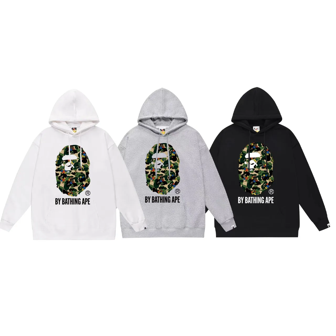 Model No. SC684#terry p160 plus velvet p180💰 (top version) BAPE flower camouflage ape head letter printed hooded sweatshirt. Made of 380g large terry 430g silver fox velvet (drop shoulder large version) fabric. The texture is soft and non-pilling. Imported environmentally friendly printing glue. The pattern is bright and three-dimensional. Quality💥Same style for men and women. The upper body is trendy. Color: black white gray Size: S M L XL XXL