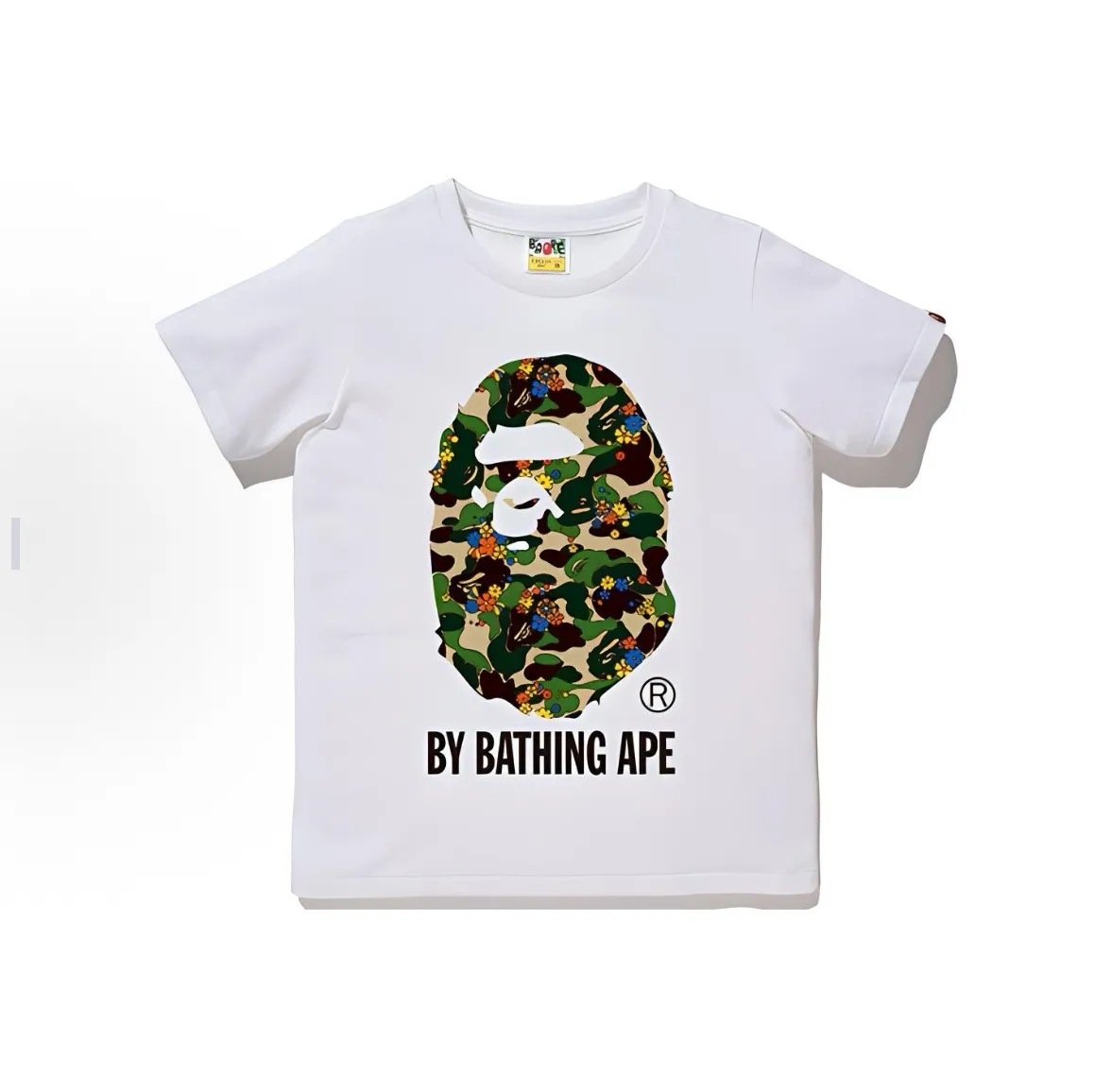 P110 001139 BAPE flower camouflage pattern ape letter print short-sleeved T-shirt, same style for men and women, size smlxlxxl, black and red, white and red, black and green, white and green