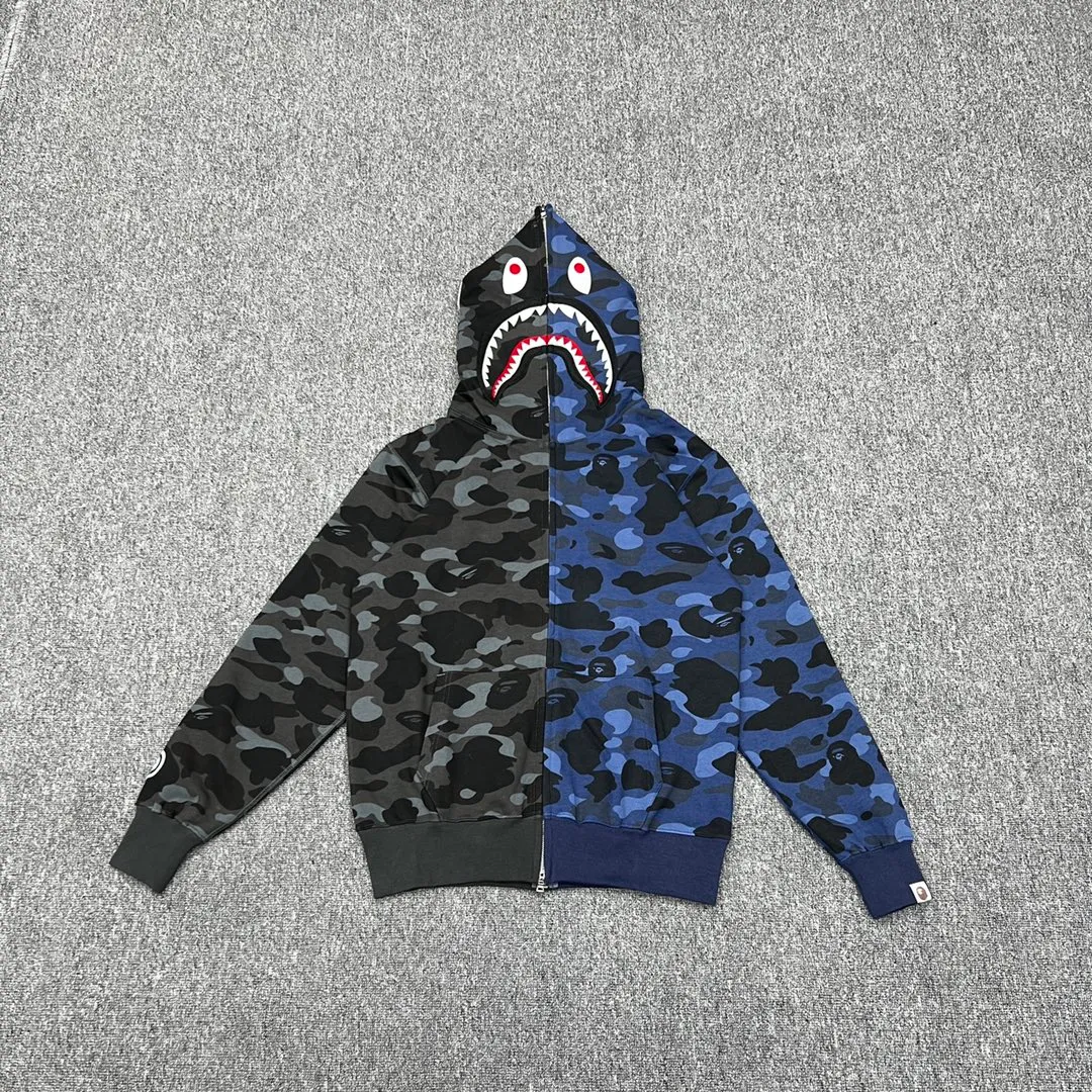 💰420 Bape City Camo Half SharkFull Zip Hoodie Shark stitching zipper hooded sweatshirt Heavy double zipper Customized fabric high quality Couple style: S—XXL [Blue Gray Purple Red]