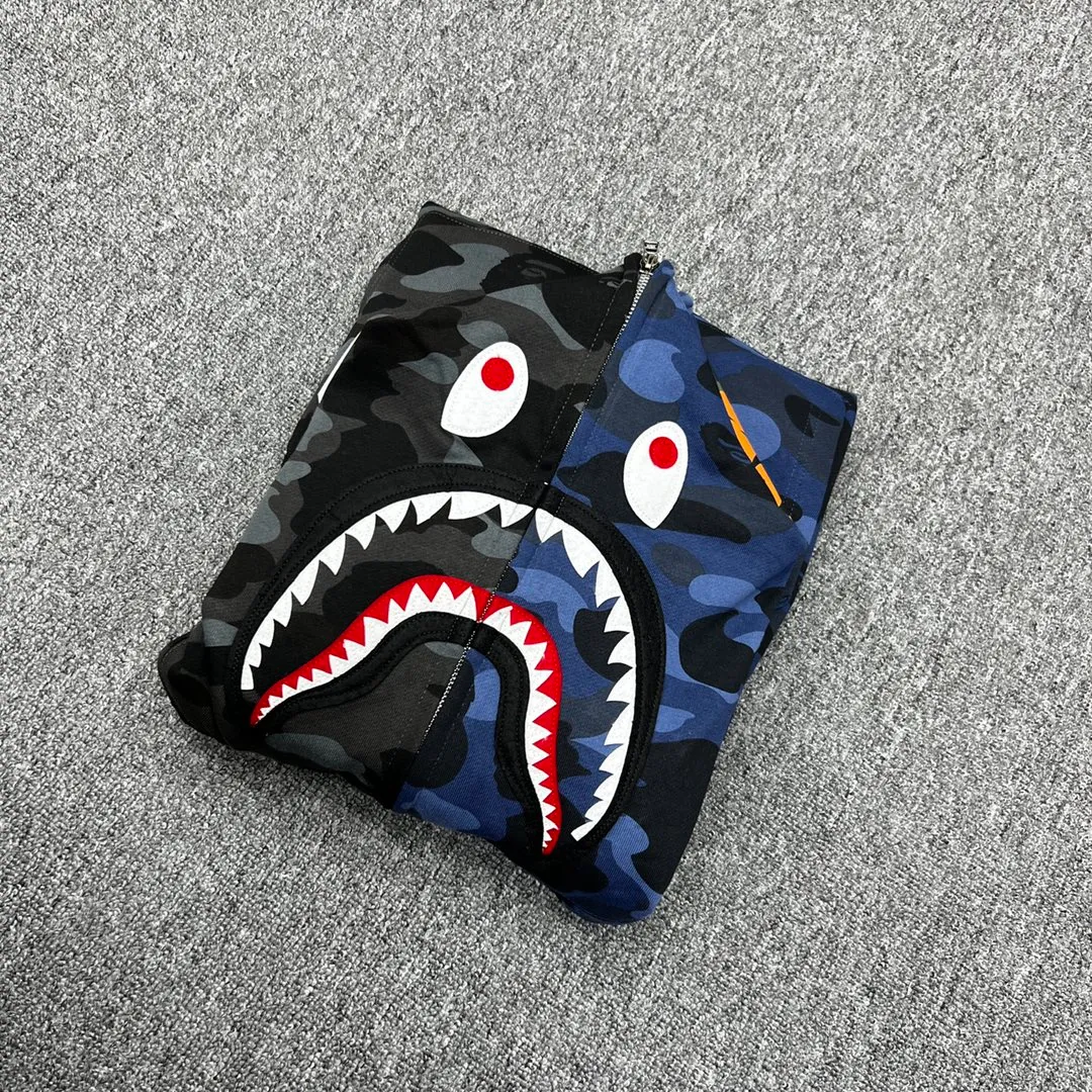 💰420 Bape City Camo Half SharkFull Zip Hoodie Shark stitching zipper hooded sweatshirt Heavy double zipper Customized fabric high quality Couple style: S—XXL [Blue Gray Purple Red]