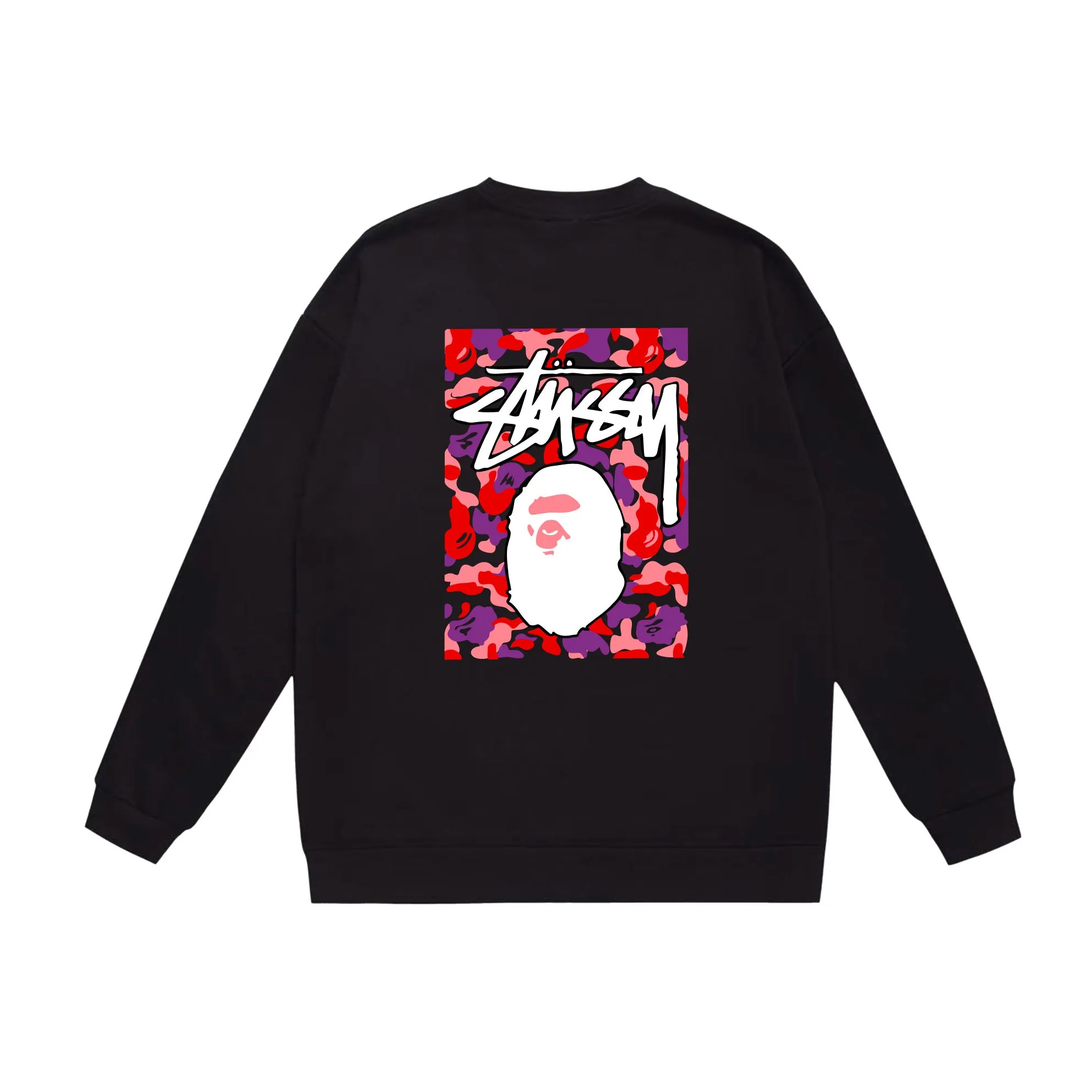 P150 model number SC503# terry 75 plus velvet 80 (top version) BAPE×STUSSY co-branded Stussy letter round neck sweatshirt Made of 350 grams of large terry (drop shoulder large version) fabric, soft texture and no pilling Imported environmentally friendly printing glue, bright and three-dimensional pattern, quality 💥Same style for men and women, the upper body is trendy Color: black red and white white red white gray red white black red black white red black gray red black Size: S M L XL XXL