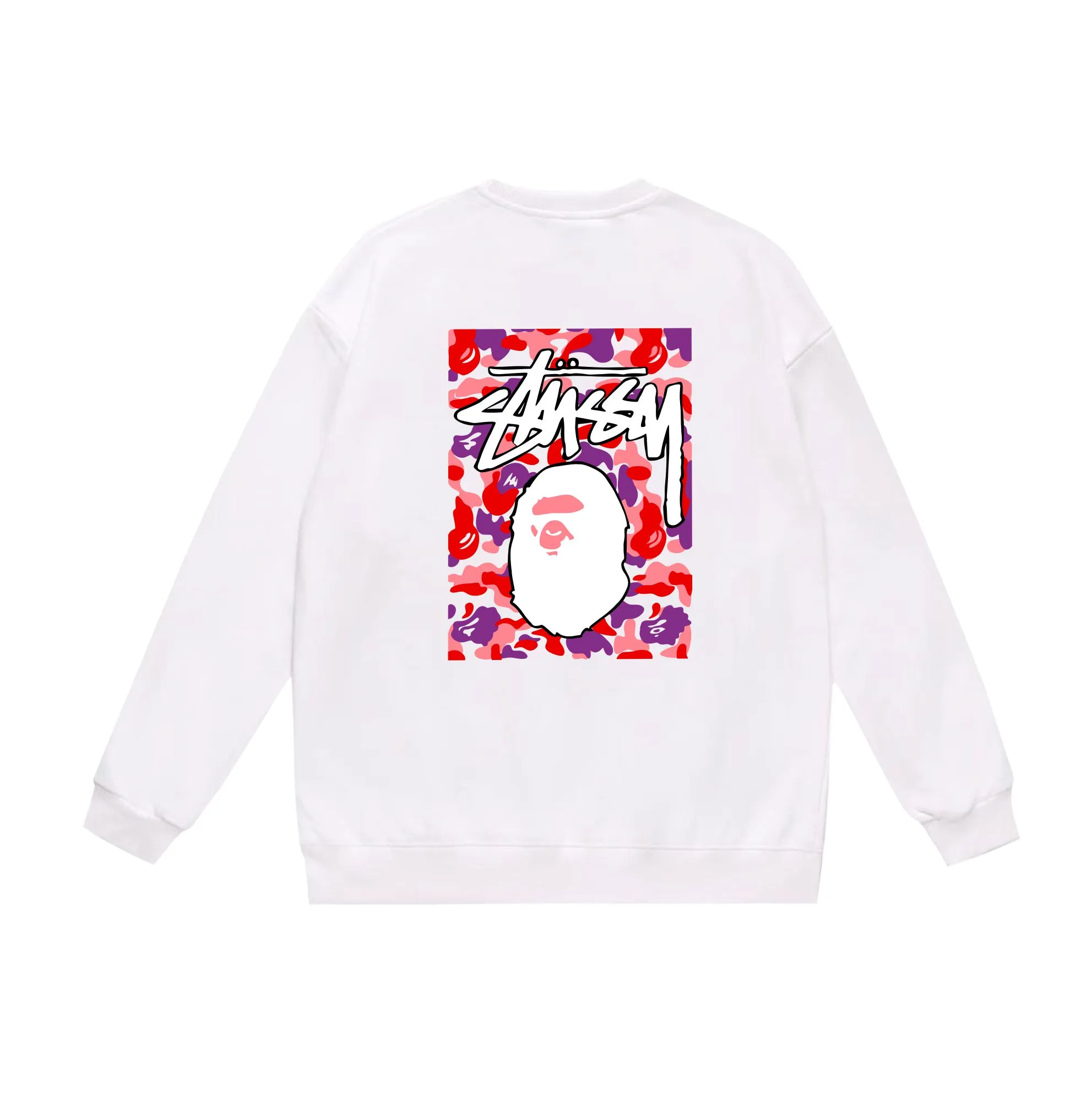 P150 model number SC503# terry 75 plus velvet 80 (top version) BAPE×STUSSY co-branded Stussy letter round neck sweatshirt Made of 350 grams of large terry (drop shoulder large version) fabric, soft texture and no pilling Imported environmentally friendly printing glue, bright and three-dimensional pattern, quality 💥Same style for men and women, the upper body is trendy Color: black red and white white red white gray red white black red black white red black gray red black Size: S M L XL XXL