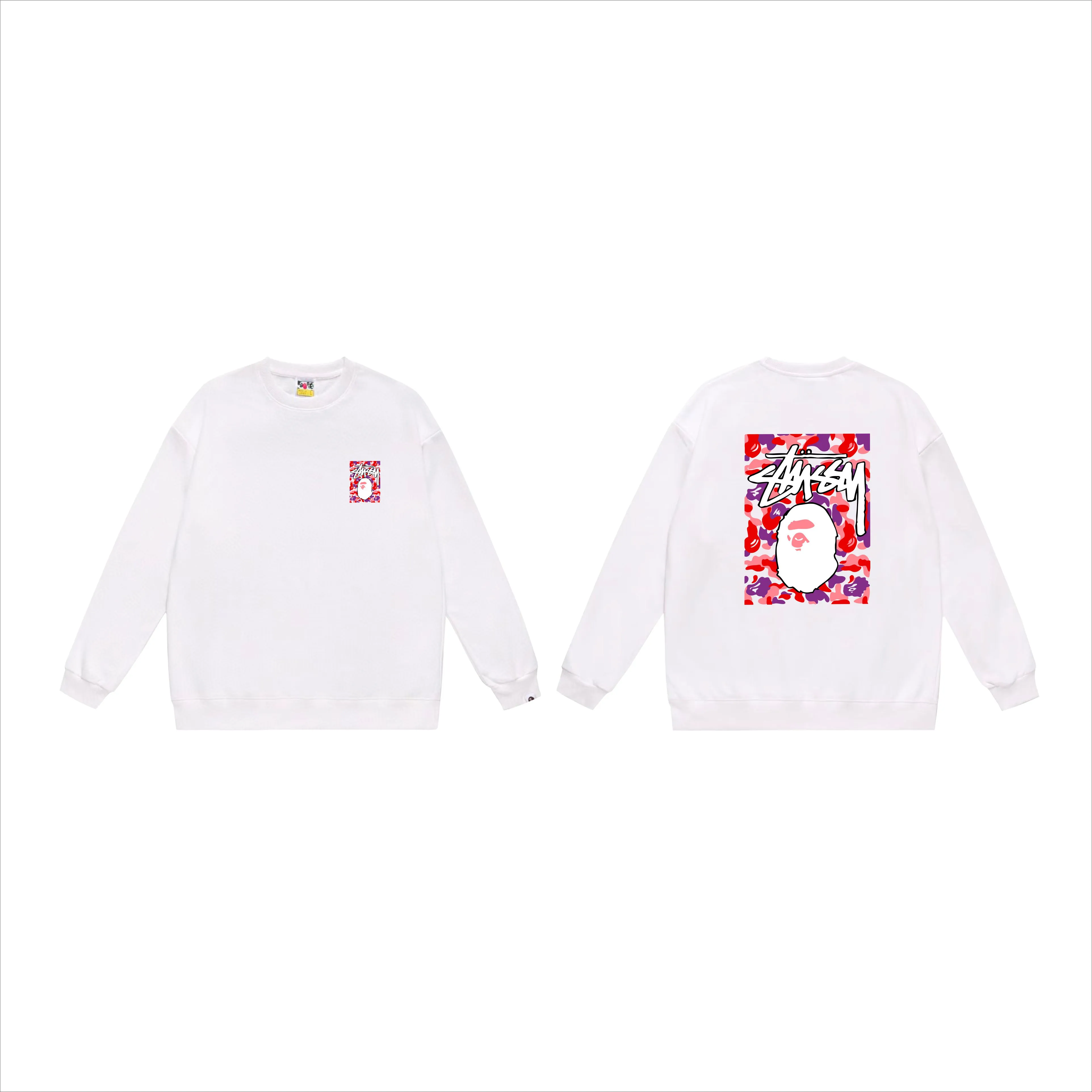 P150 model number SC503# terry 75 plus velvet 80 (top version) BAPE×STUSSY co-branded Stussy letter round neck sweatshirt Made of 350 grams of large terry (drop shoulder large version) fabric, soft texture and no pilling Imported environmentally friendly printing glue, bright and three-dimensional pattern, quality 💥Same style for men and women, the upper body is trendy Color: black red and white white red white gray red white black red black white red black gray red black Size: S M L XL XXL
