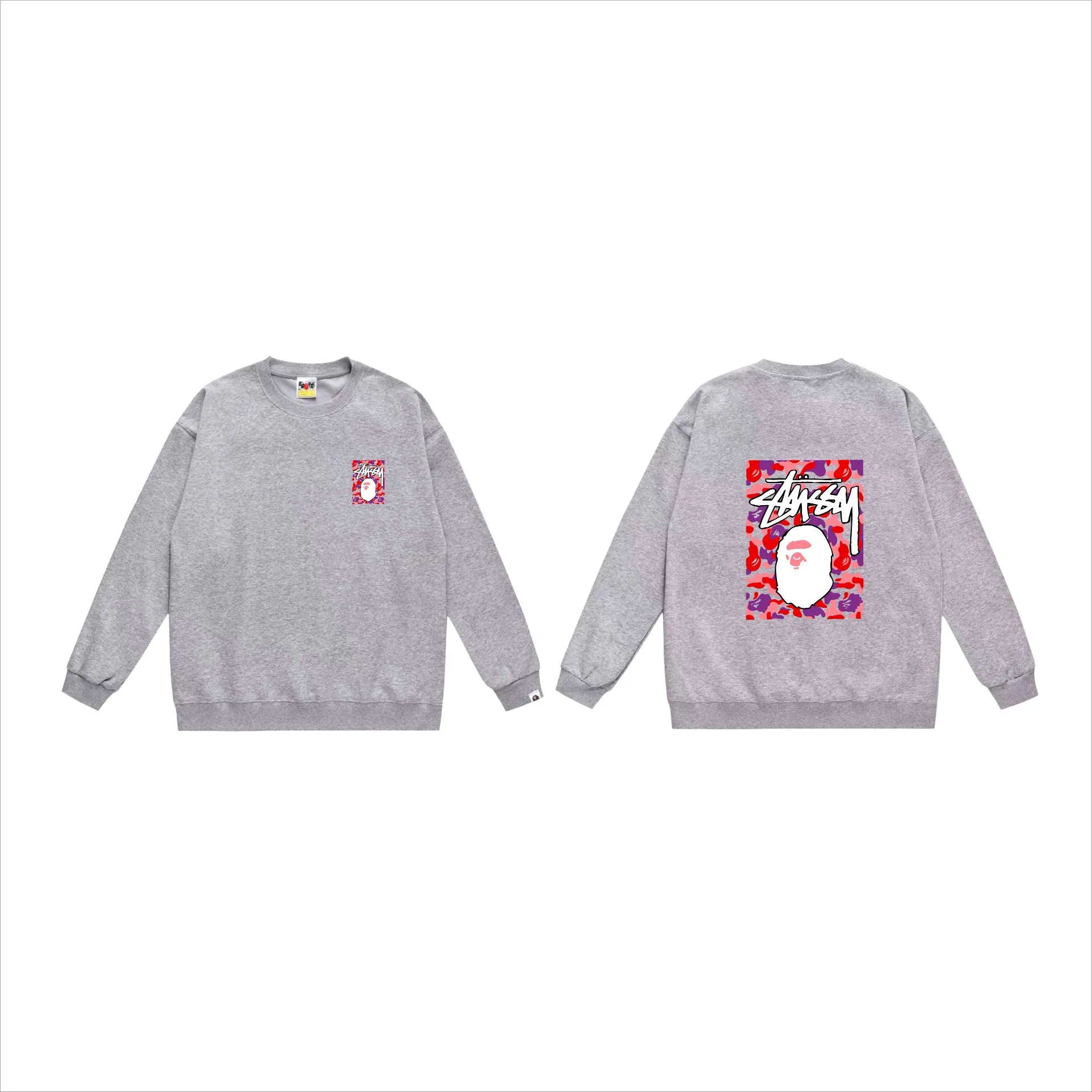 P150 model number SC503# terry 75 plus velvet 80 (top version) BAPE×STUSSY co-branded Stussy letter round neck sweatshirt Made of 350 grams of large terry (drop shoulder large version) fabric, soft texture and no pilling Imported environmentally friendly printing glue, bright and three-dimensional pattern, quality 💥Same style for men and women, the upper body is trendy Color: black red and white white red white gray red white black red black white red black gray red black Size: S M L XL XXL