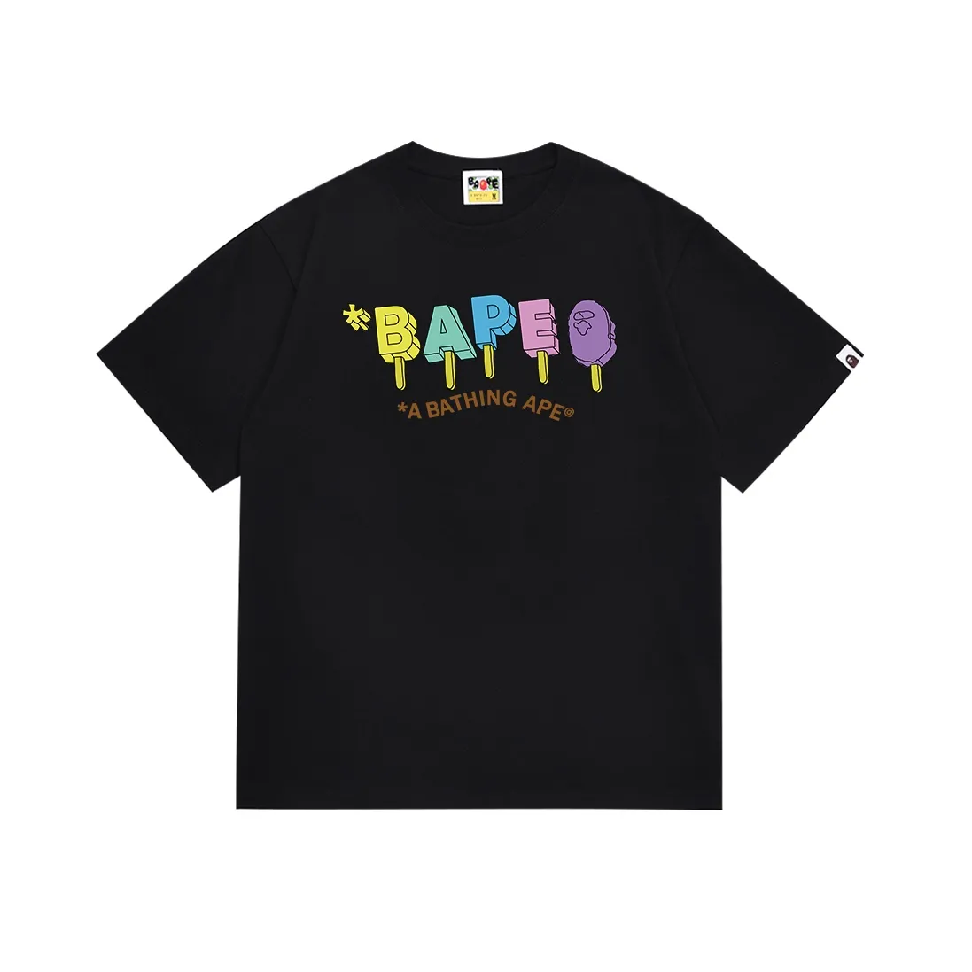 SC087#p110💰 (top version) BAPE color ape head popsicle letter printed short-sleeved T-shirt Made of 260 grams of high-quality high-weave pure cotton fabric, double yarn combed, soft texture and no pilling Imported environmentally friendly printing glue, bright and three-dimensional pattern, quality 💥Same style for men and women, the upper body is fashionable Color: black white Size: S M L XL XXL
