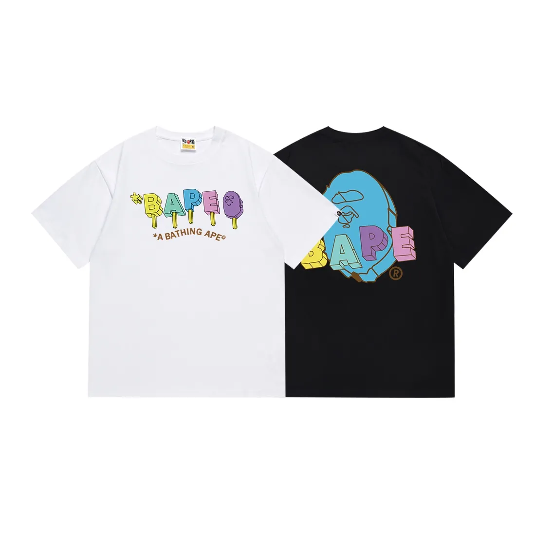 SC087#p110💰 (top version) BAPE color ape head popsicle letter printed short-sleeved T-shirt Made of 260 grams of high-quality high-weave pure cotton fabric, double yarn combed, soft texture and no pilling Imported environmentally friendly printing glue, bright and three-dimensional pattern, quality 💥Same style for men and women, the upper body is fashionable Color: black white Size: S M L XL XXL