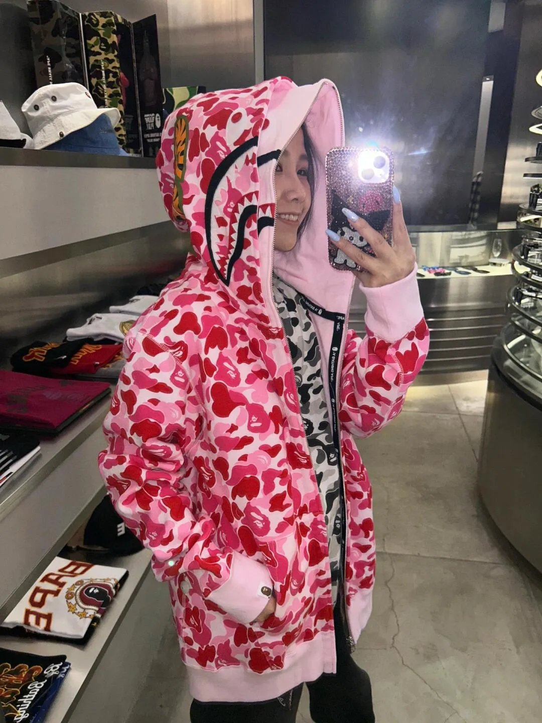 💰440 Bape Abc Double Hat Large Flower Camouflage Shark Customized fabric 1:1 Fine workmanship High version Couple model: S—XXL [Green Pink Blue]
