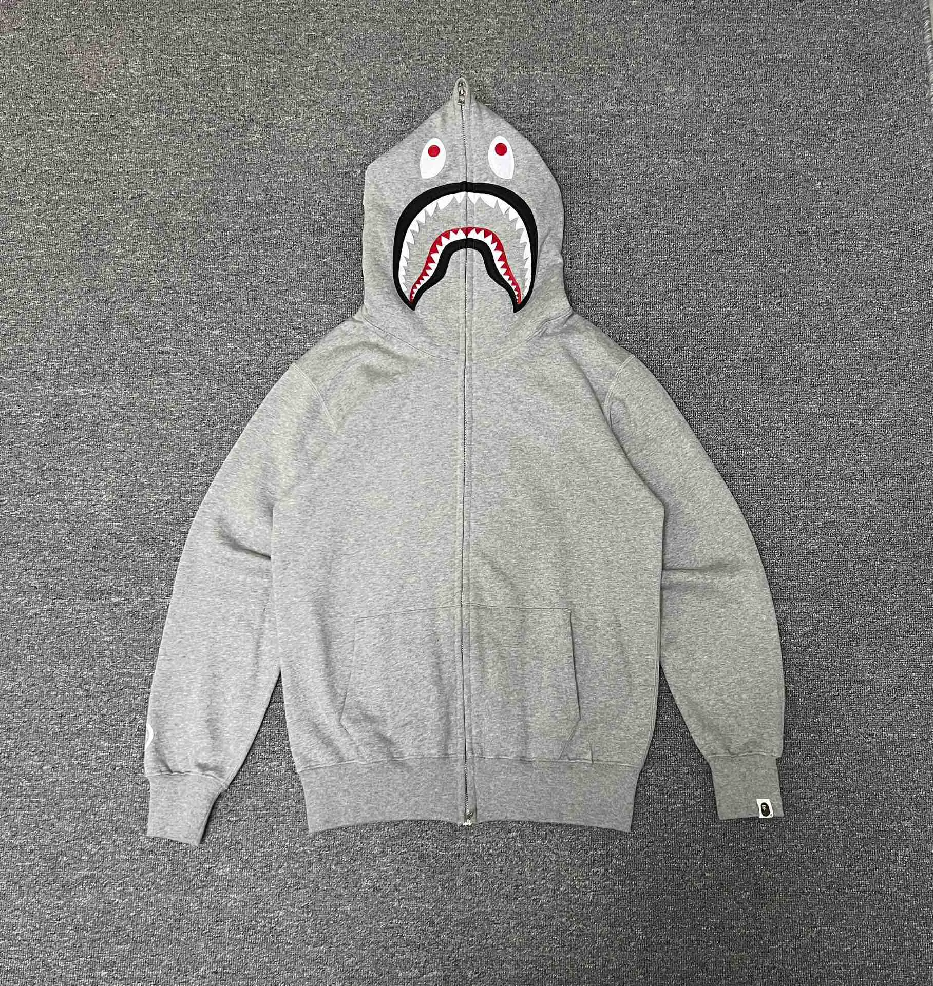 💰380 BAPE SHARK FULL ZIP solid color embroidered shark zipper sweatshirt jacket ZP version correct version 980g weight pure cotton custom fabric Couple style: S—XXL [black gray]