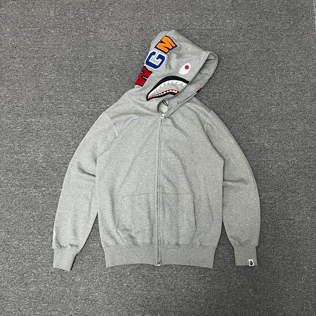 💰380 BAPE SHARK FULL ZIP solid color embroidered shark zipper sweatshirt jacket ZP version correct version 980g weight pure cotton custom fabric Couple style: S—XXL [black gray]