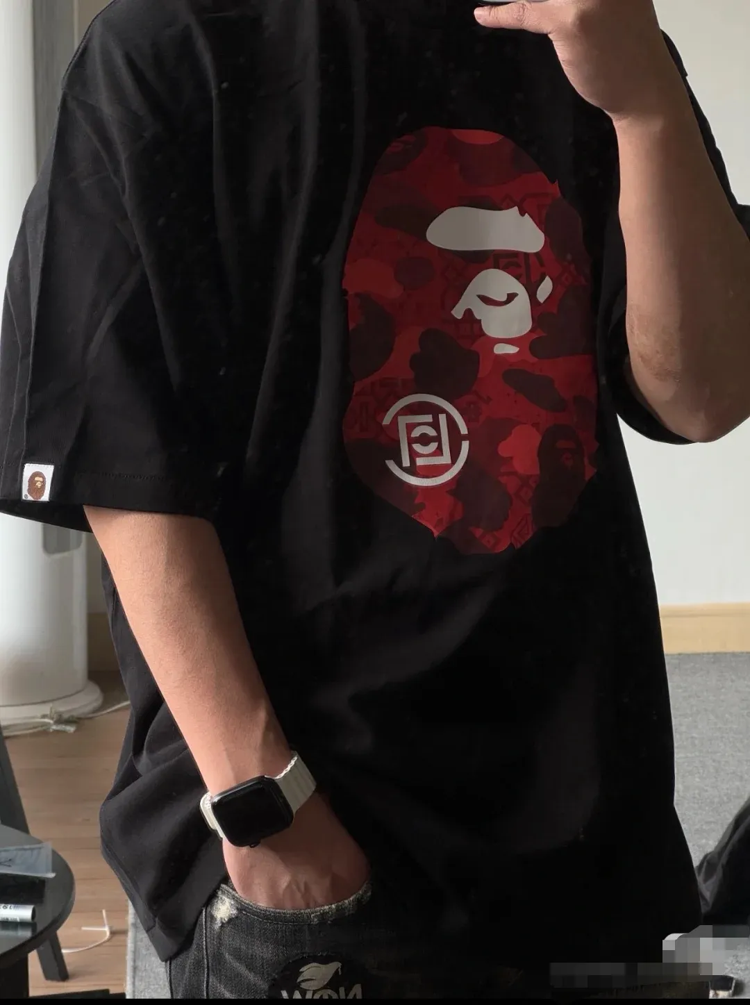 P110 001051 BAPE x CLOT joint model SS25 camouflage pattern round neck short-sleeved T-shirt on the chest, same style for men and women, size smlxlxxl, black and white