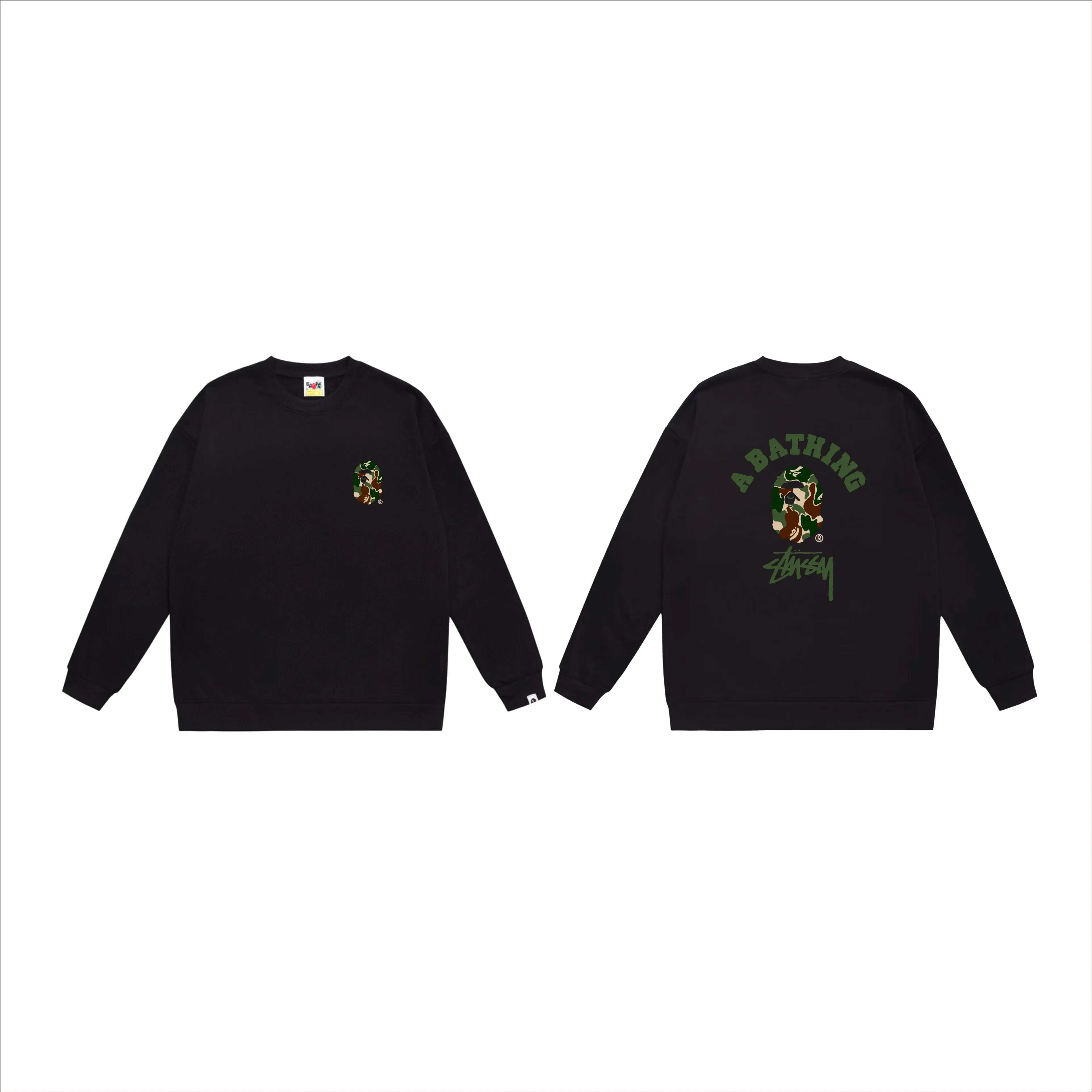 P150 model number SC512# terry 75 plus velvet 80 (top version) BAPE×STUSSY co-branded Stussy letter round neck sweatshirt Made of 350 grams of large terry (drop shoulder large version) fabric, soft texture and no pilling Imported environmentally friendly printing glue The pattern is bright and three-dimensional Quality 💥Same style for men and women The upper body is fashionable Color: black white gray Size: S M L XL XXL