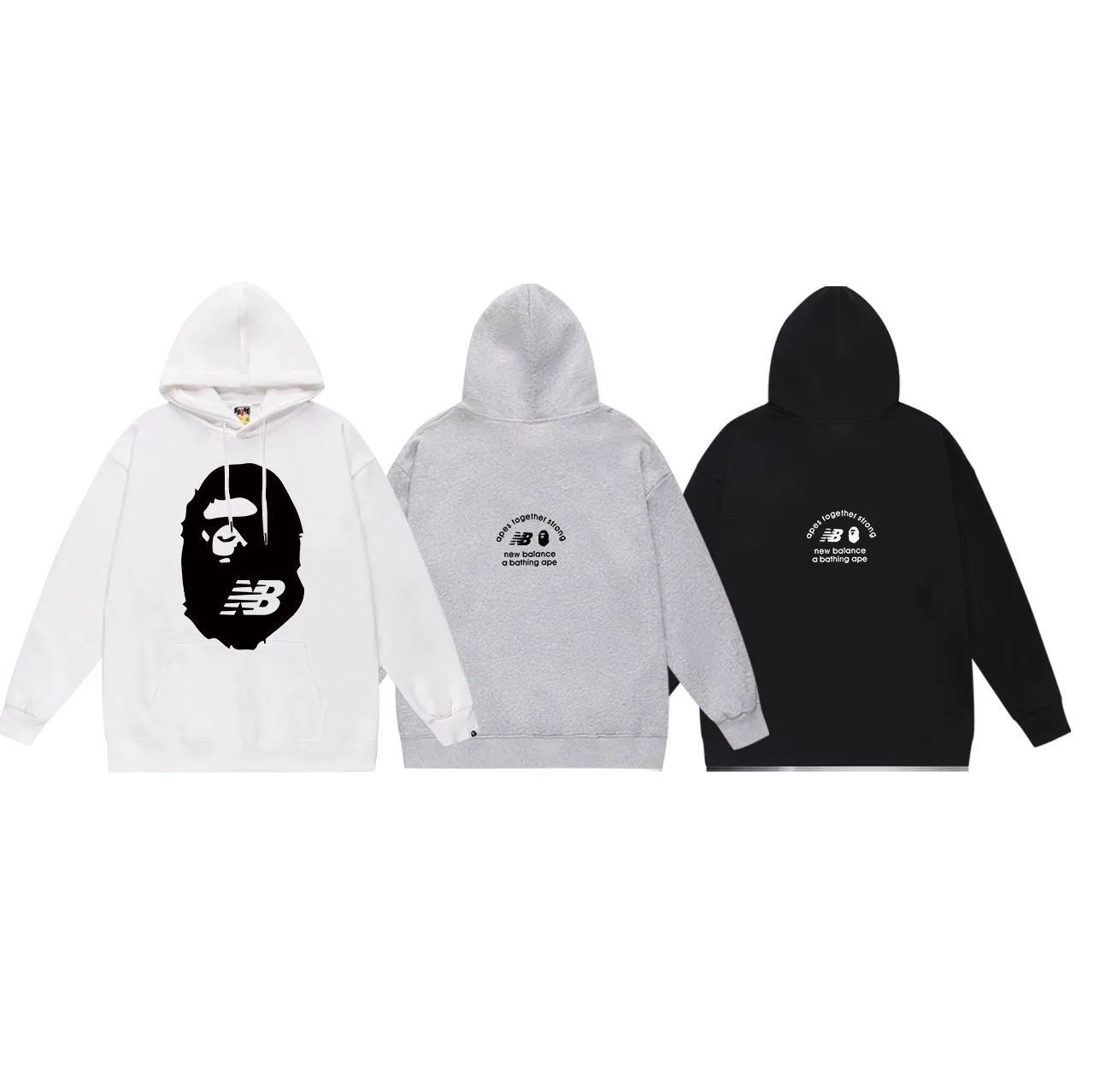 Model No. SC653#terry p160 plus velvet p180💰 (top version) BAPE Ape Man Head co-branded NB letter printed hooded sweatshirt. Made of 380g large terry 430g silver fox velvet (drop shoulder large version) fabric. The texture is soft and non-pilling. Imported environmentally friendly printing glue. The pattern is bright and three-dimensional. Quality💥Same style for men and women. The upper body is trendy. Color: black white gray Size: S M L XL XXL