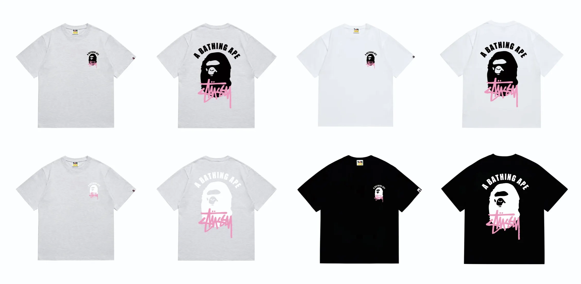 SC207#p110💰 (Top version) BAPE×Stussy co-branded Stussy letter ape print T-shirt Made of 260 grams of high-quality high-weave pure cotton fabric, double yarn combed, soft and non-pilling, imported environmentally friendly printing glue, bright and three-dimensional pattern, quality 💥Same style for men and women, the upper body is fashionable Color: black and white, gray and white, pink and white, red and white, white and black, gray and black, pink and black, red and black Size: S M L XL XXL