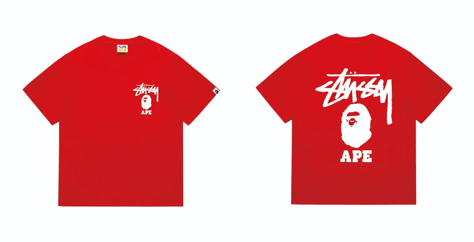 SC203#p110💰 (top version) BAPE×Stussy co-branded Stussy letter ape print T-shirt Made of 260 grams of high-quality high-weave pure cotton fabric, double yarn combed, soft texture without pilling, imported environmentally friendly printing glue, bright and three-dimensional pattern, quality 💥Same style for men and women, the upper body is fashionable Color: black red and white white red white pink white gray red white red red white black red black white red black Pink and black Gray red and black Red red black Size: S M L XL XXL