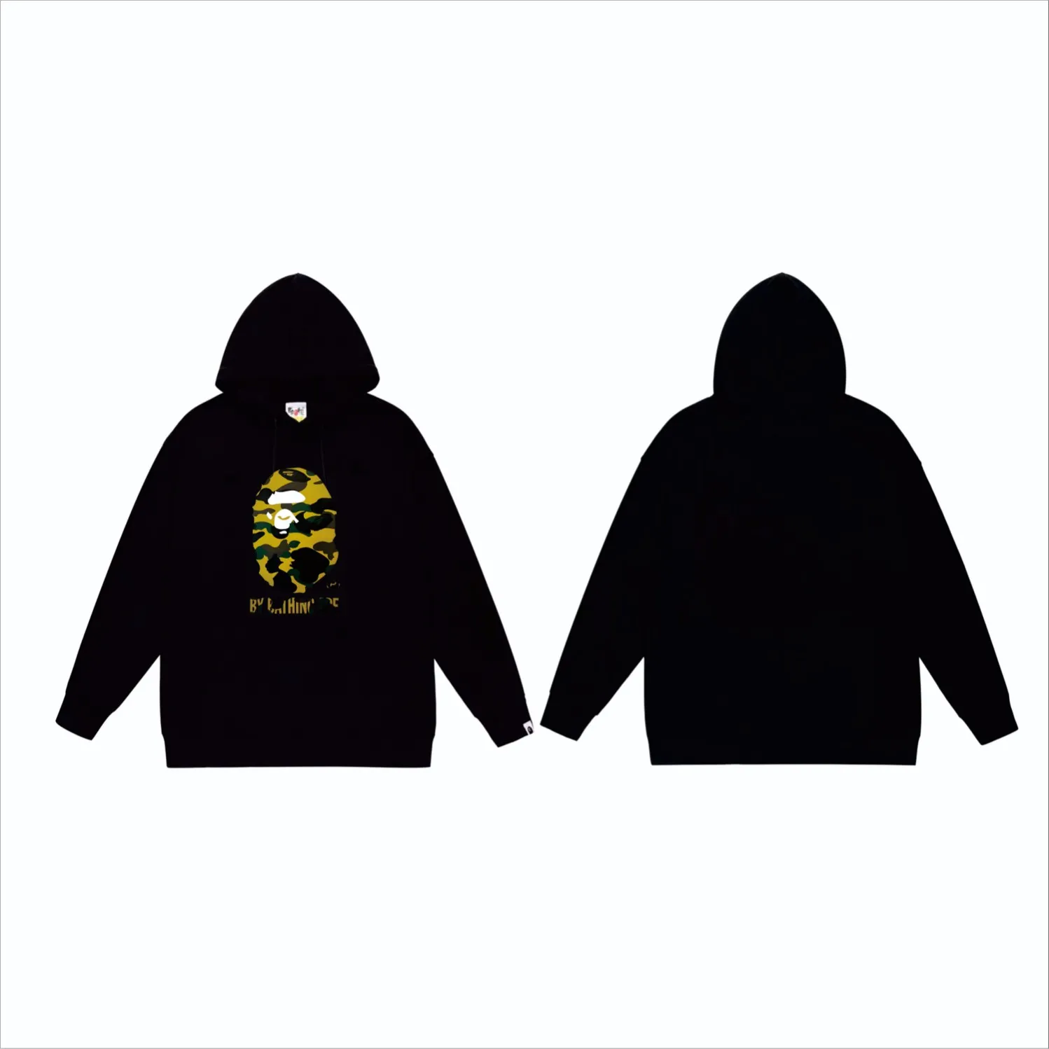 P160 model number SC860# terry 80 plus velvet 90 (top version) BAPE's classic great ape print camouflage hooded sweatshirt. Made of 380g large terry (drop shoulder large version) fabric. The texture is soft and does not pill. Imported environmentally friendly printing glue. The pattern is bright and three-dimensional. Quality💥Same style for men and women. The upper body is trendy. Color: black and yellow, white and yellow, gray and yellow, black and green, white and green, gray and green. Size: S M L XL XXL