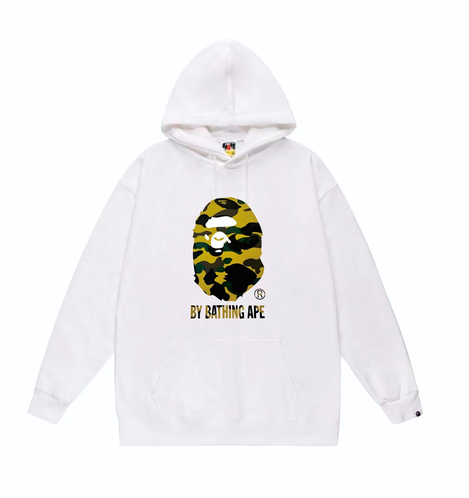 P160 model number SC860# terry 80 plus velvet 90 (top version) BAPE's classic great ape print camouflage hooded sweatshirt. Made of 380g large terry (drop shoulder large version) fabric. The texture is soft and does not pill. Imported environmentally friendly printing glue. The pattern is bright and three-dimensional. Quality💥Same style for men and women. The upper body is trendy. Color: black and yellow, white and yellow, gray and yellow, black and green, white and green, gray and green. Size: S M L XL XXL